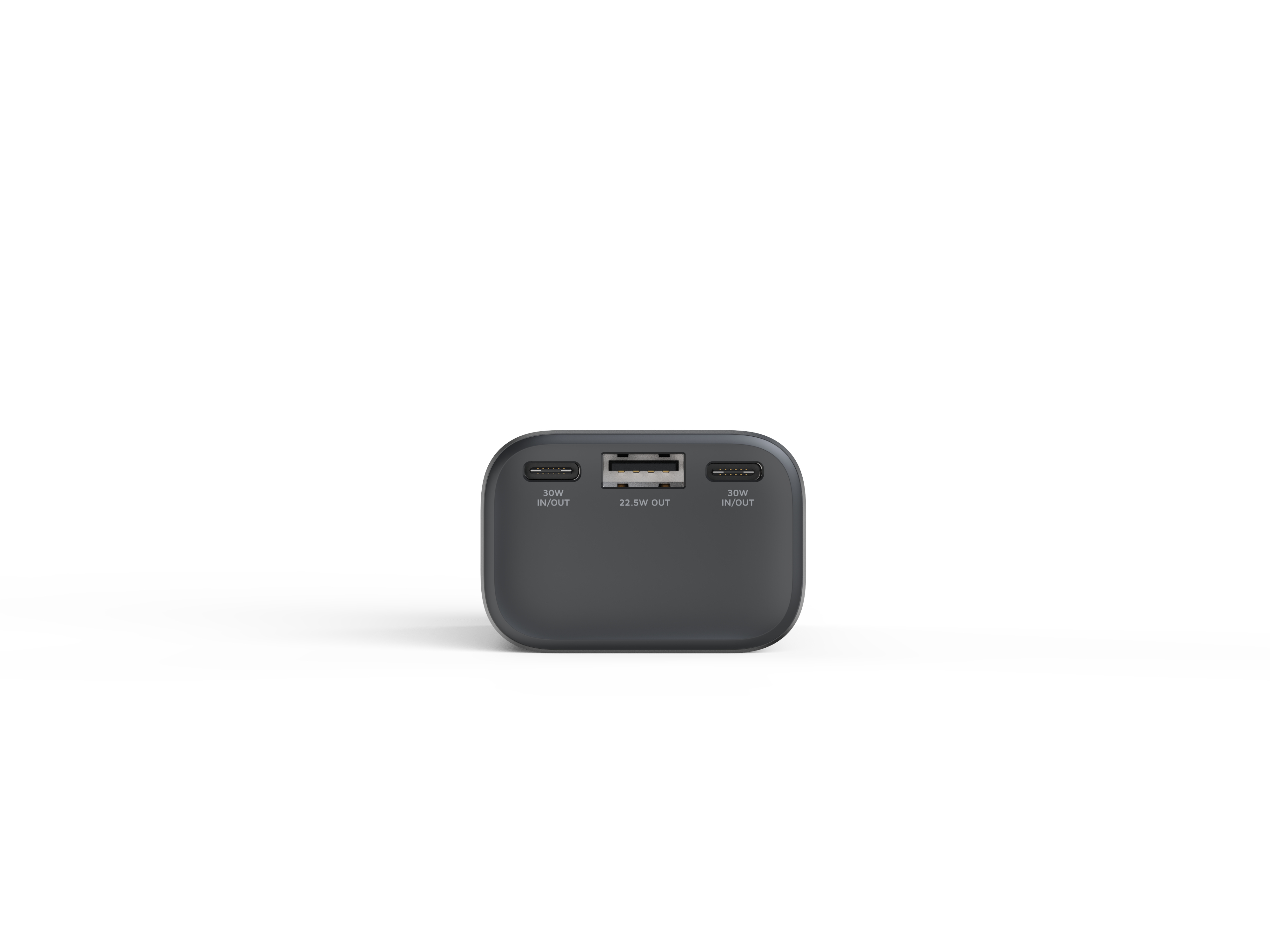Batterie externe gris foncé avec ports et étiquettes : 30 W Entrée/Sortie, 22,5 W Sortie. Fond blanc.