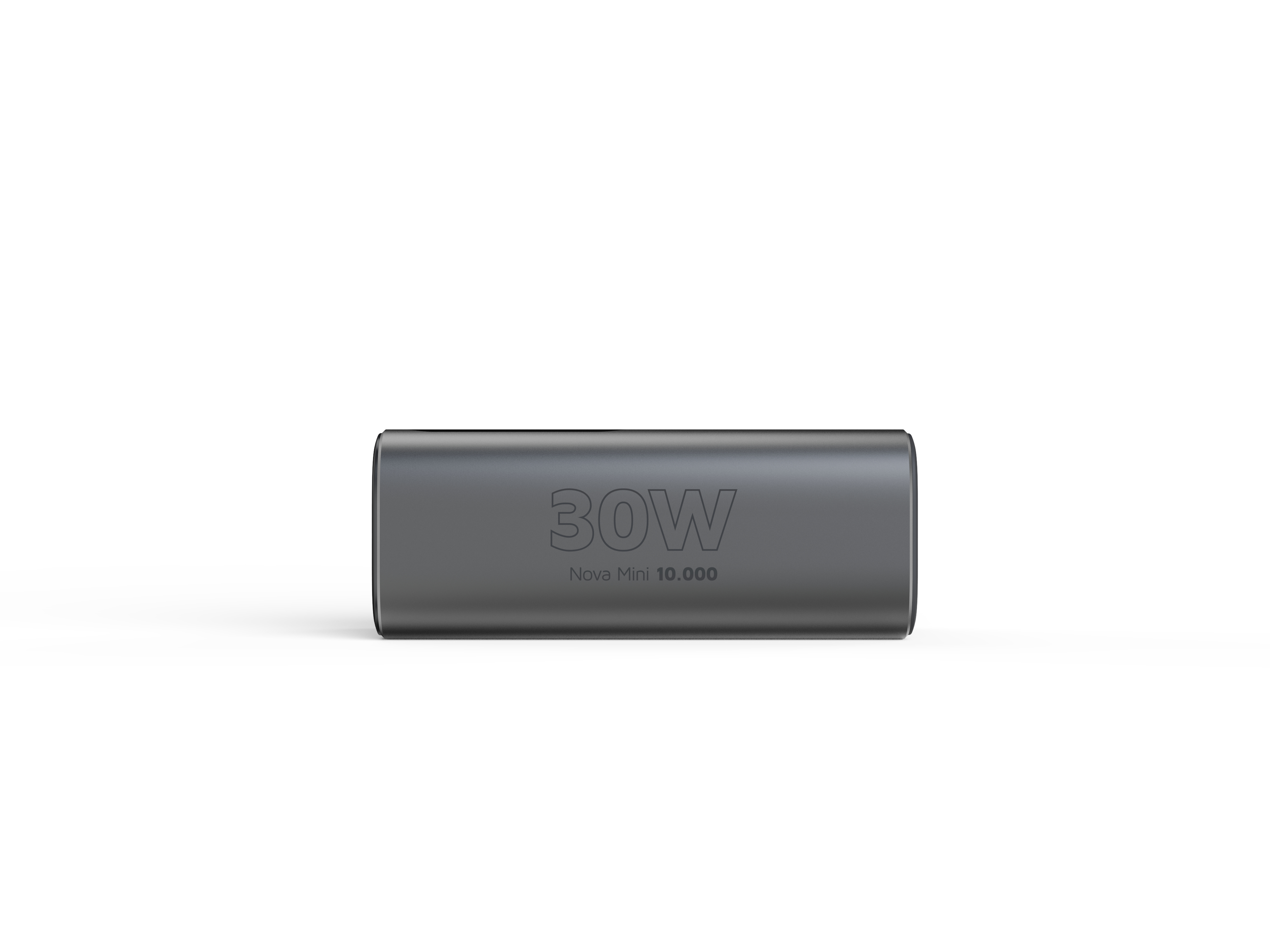 Une batterie externe grise avec '30W' et 'Nova Mini 10.000' imprimé, sur fond blanc.