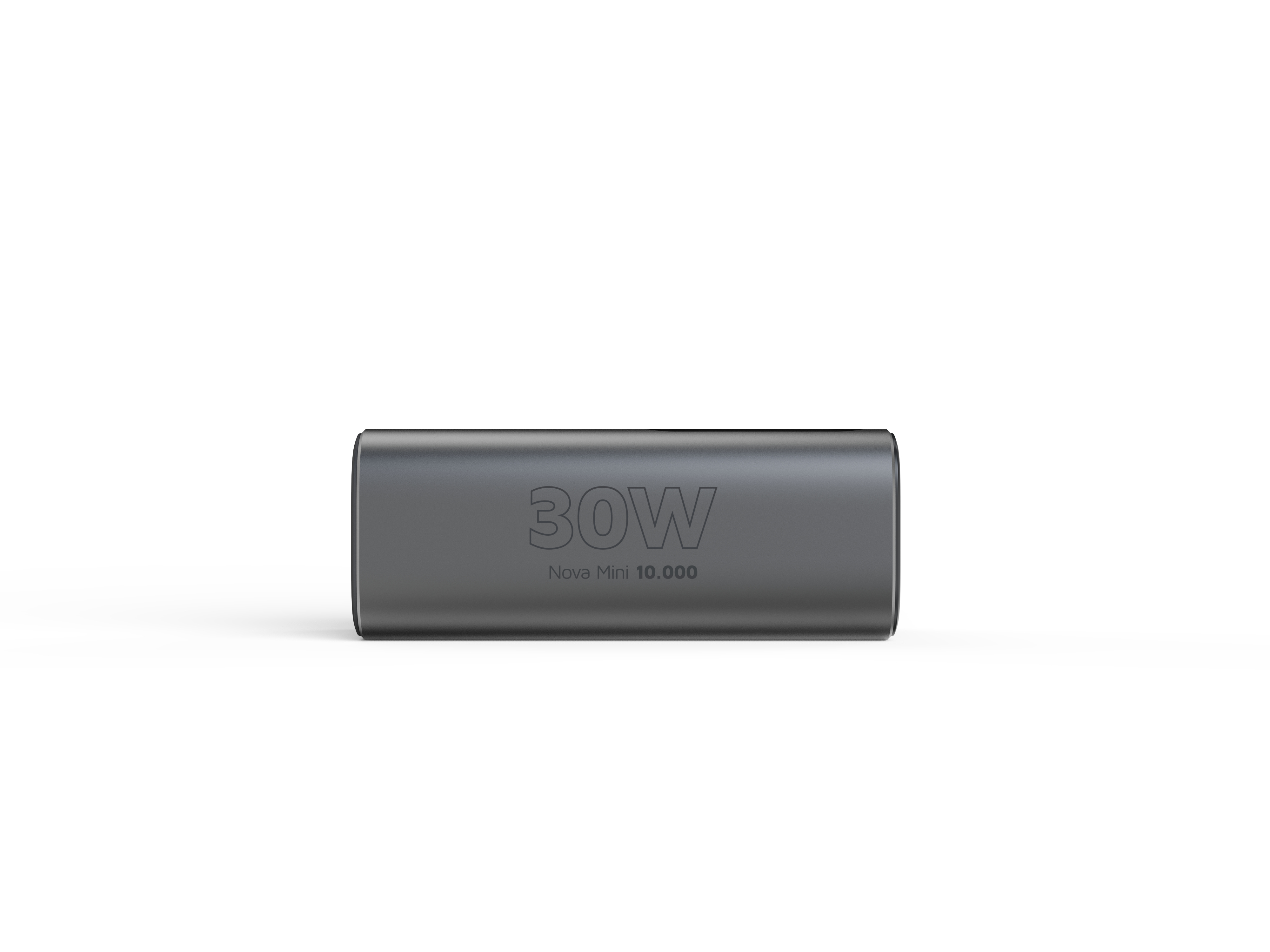 Une batterie externe grise avec '30W' et 'Nova Mini 10.000' imprimé sur fond blanc.