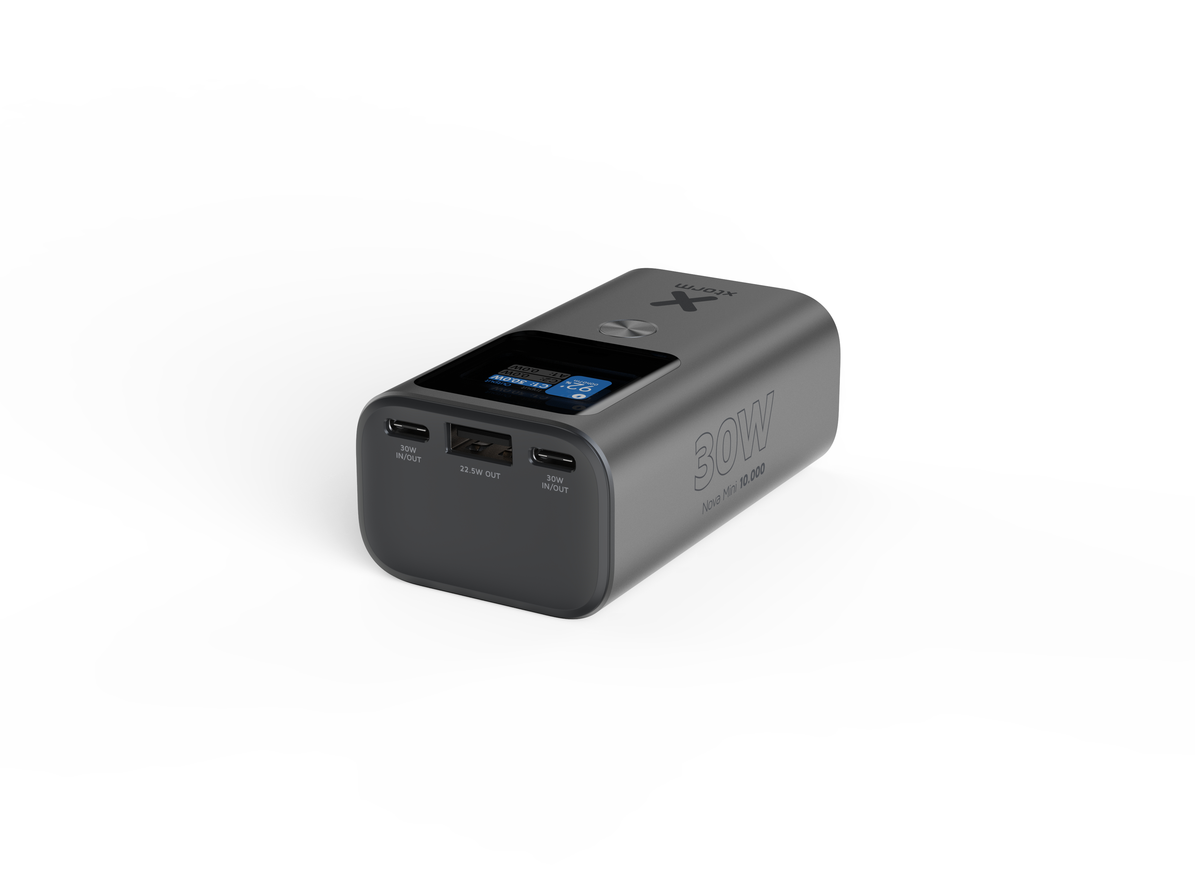 Une batterie externe grise avec des ports et un écran, sur fond blanc.