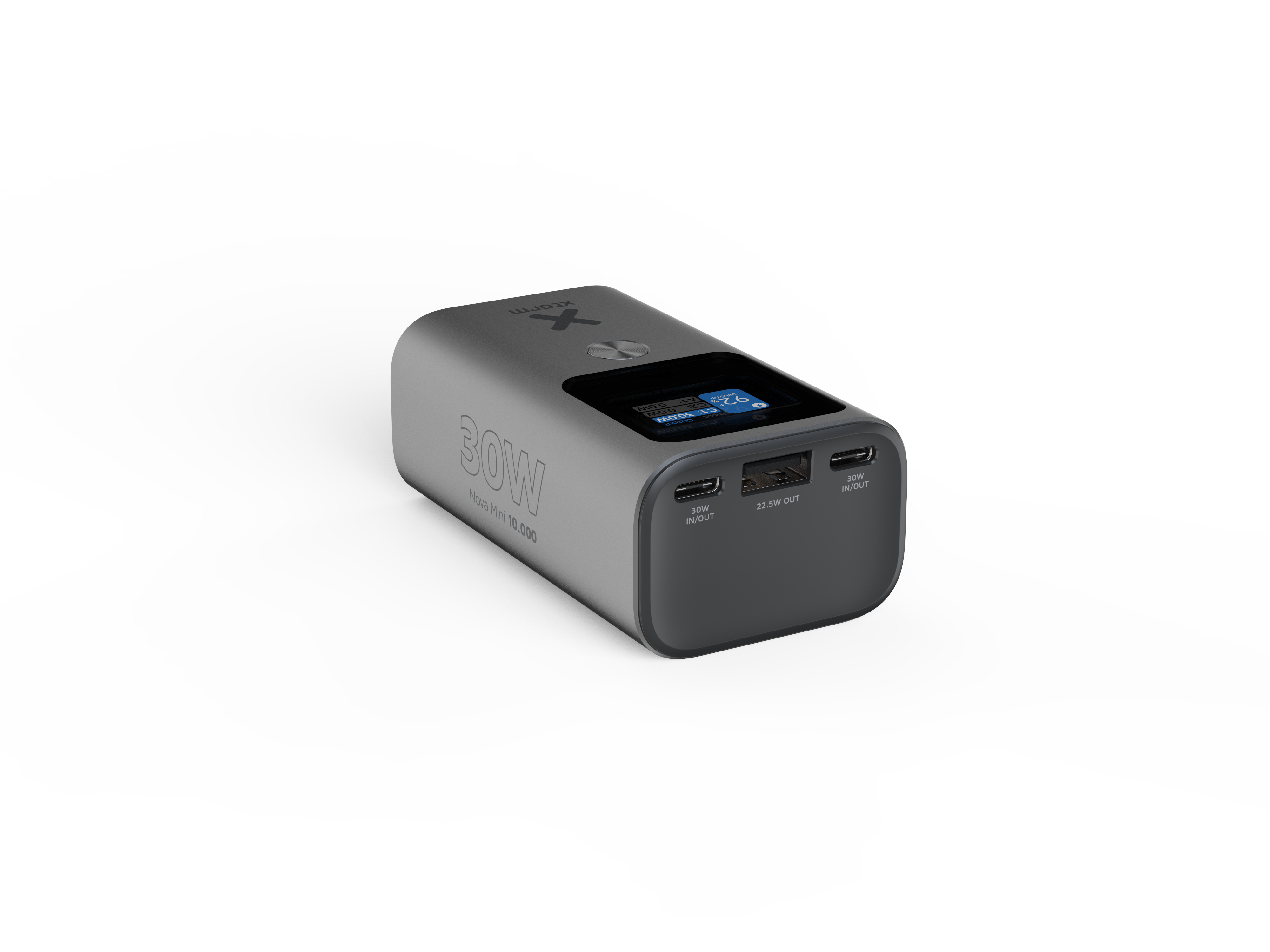 Une batterie externe grise avec un écran affichant le pourcentage de batterie et les ports d'entrée/sortie.