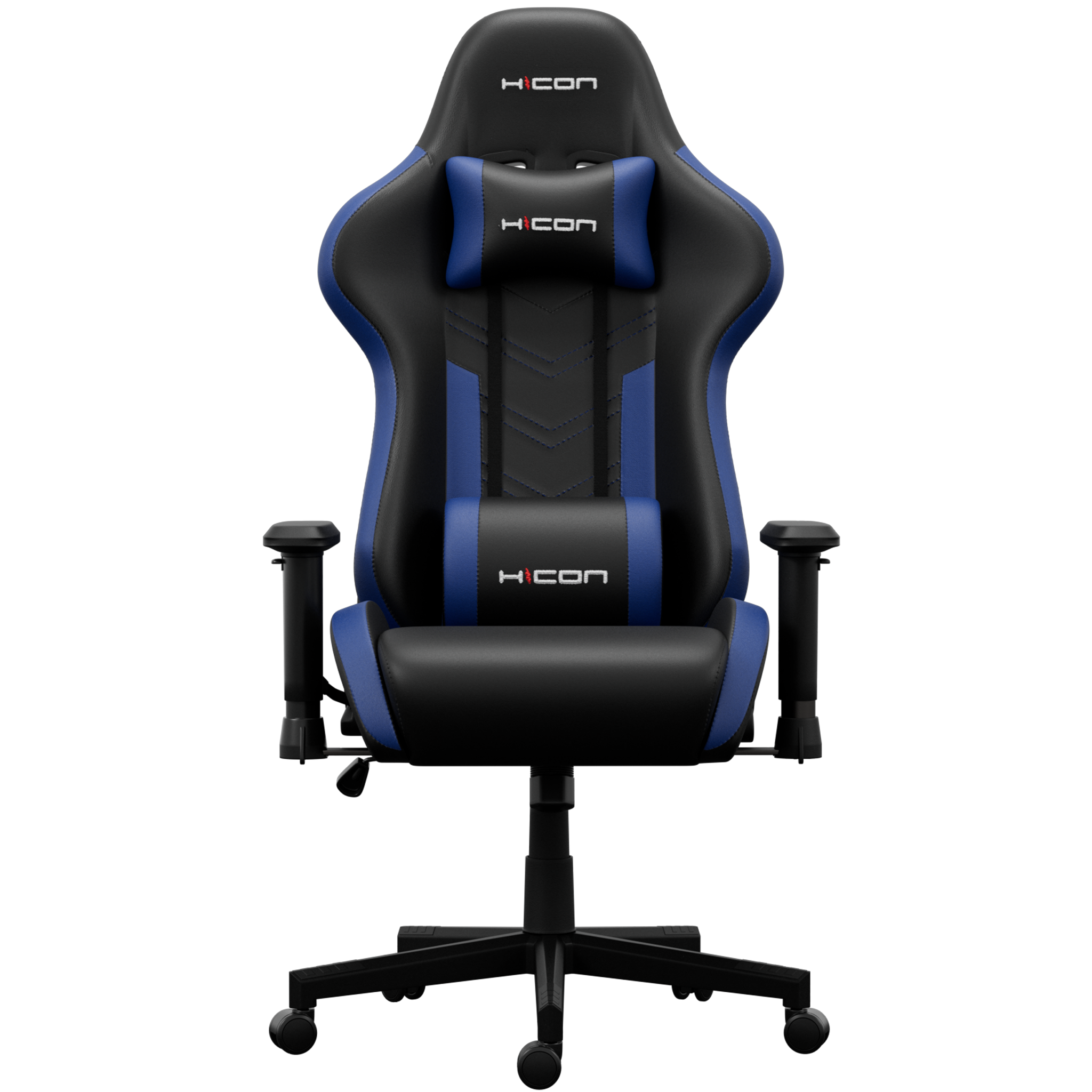 Une chaise de jeu noire et bleue avec le logo "HICON" sur l'appuie-tête et le dossier. Elle a une base à cinq étoiles.