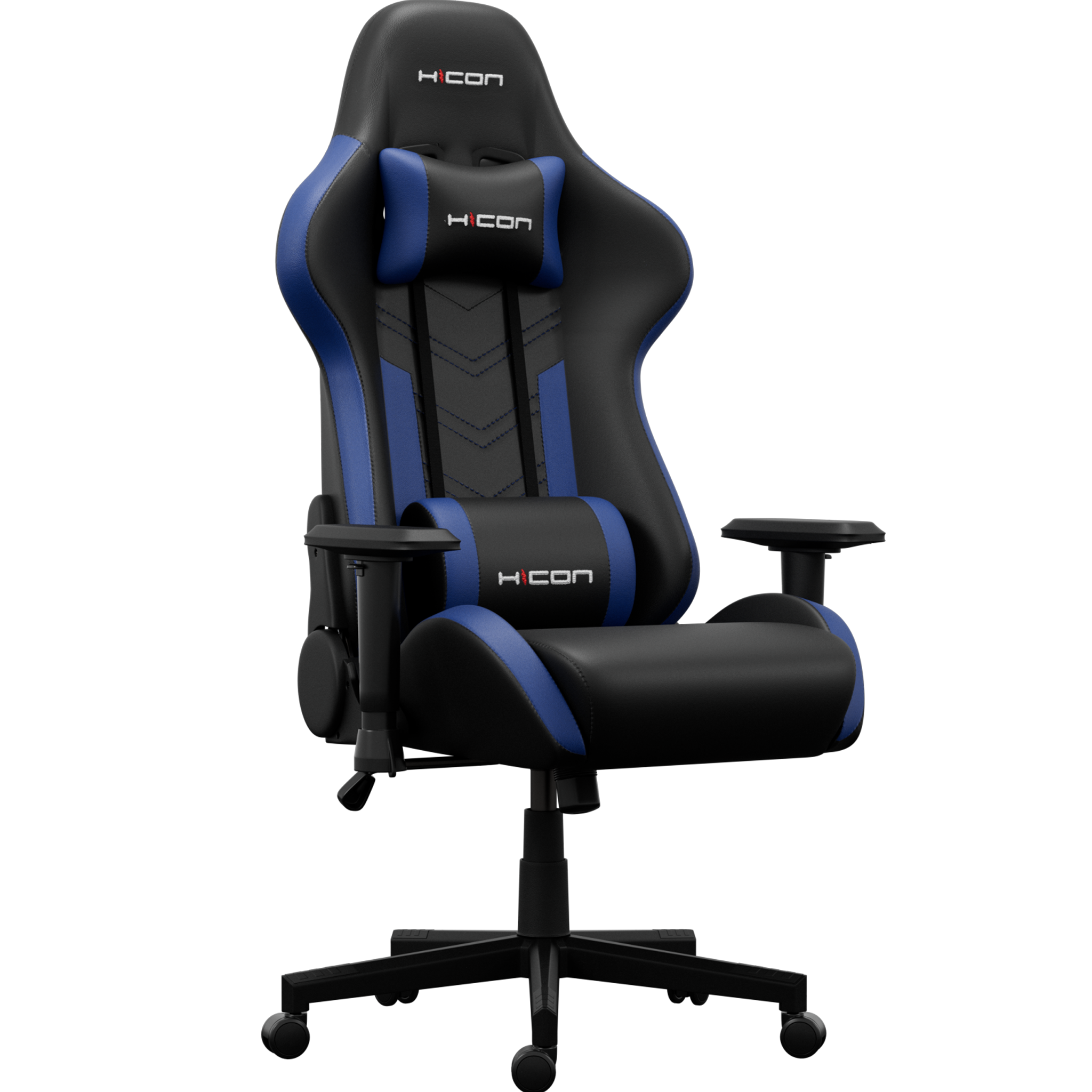 Chaise de jeu avec des accents noirs et bleus. Dispose d'un appui-tête, d'un support lombaire, d'accoudoirs et d'une base à cinq étoiles.