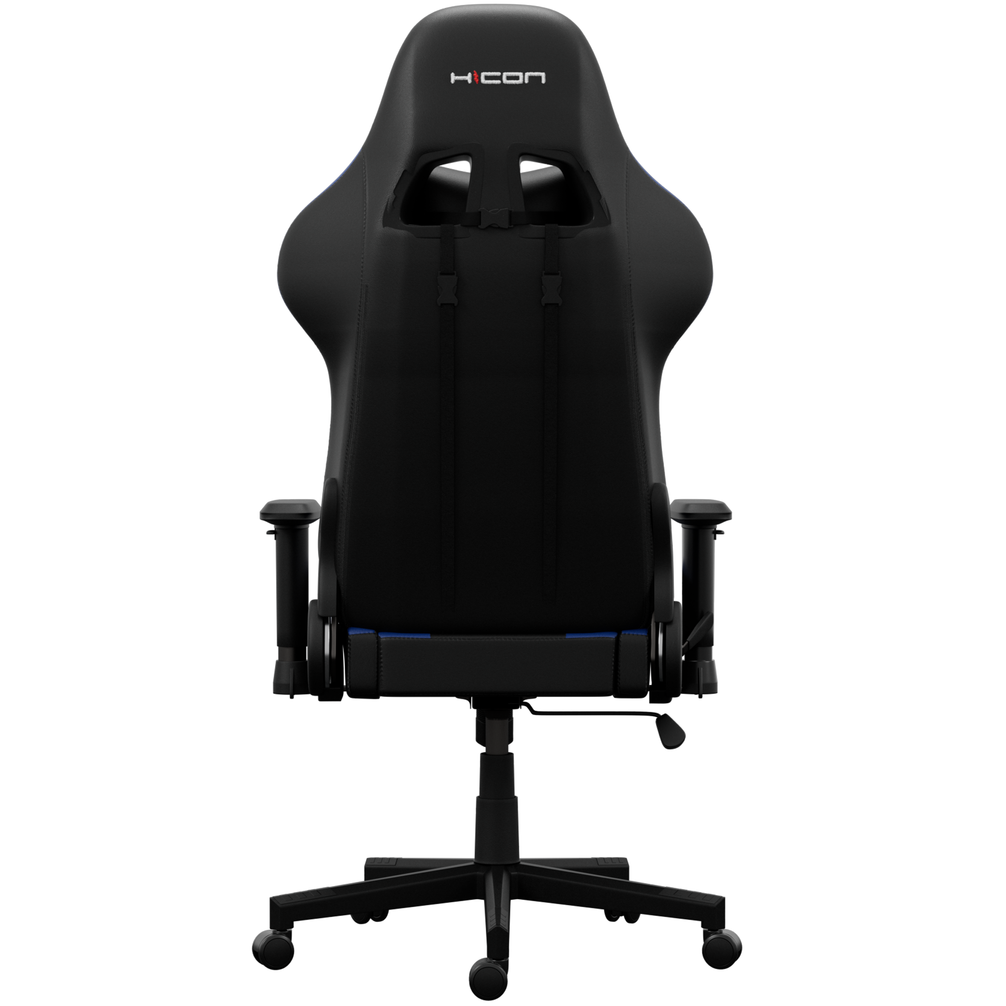 Chaise gaming noire avec logo HICON, détails bleus et base noire. Dos et accoudoirs visibles.