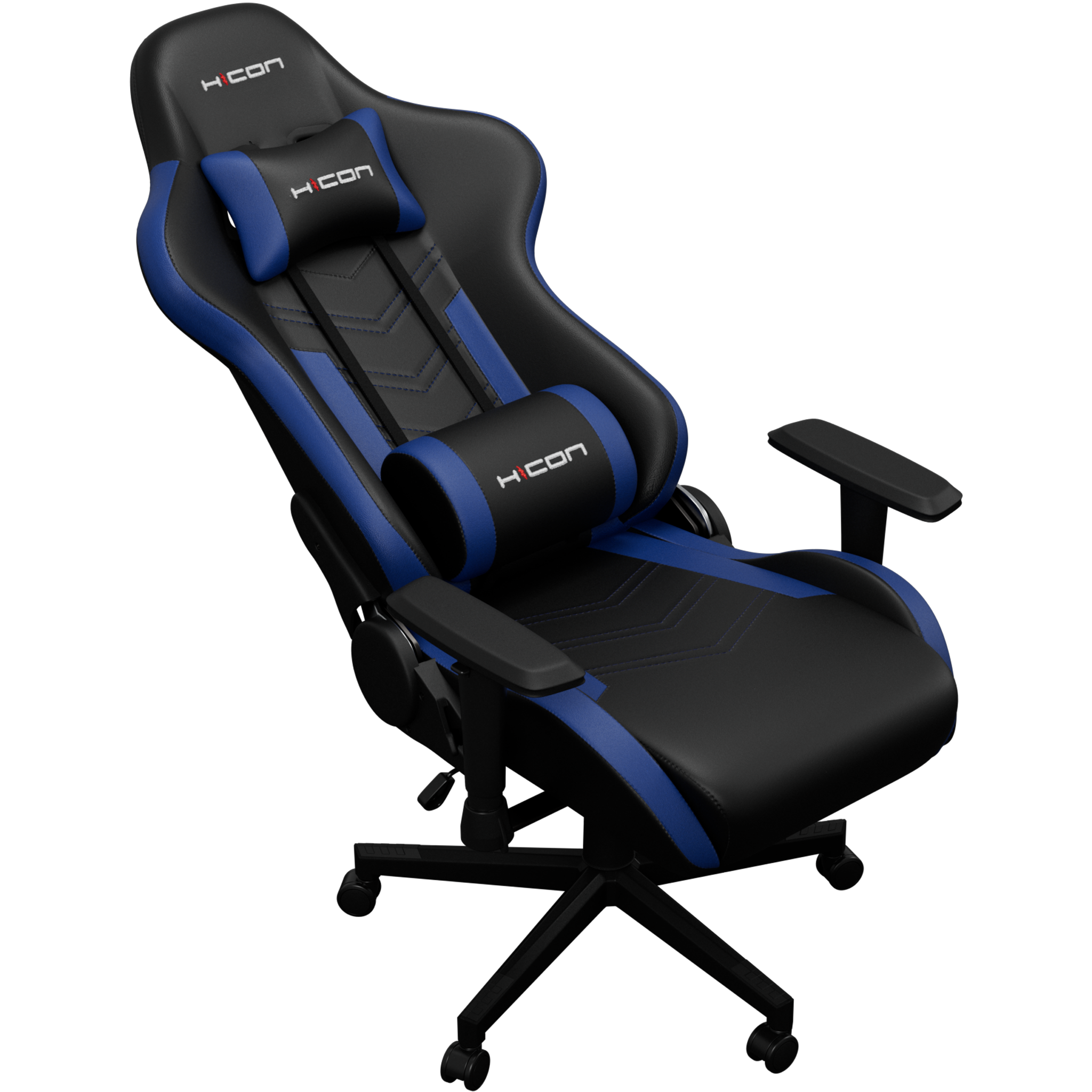 Un fauteuil de jeu avec des accents noirs et bleus. Comprend un appui-tête, un support lombaire, des accoudoirs et une base à cinq étoiles avec roues.