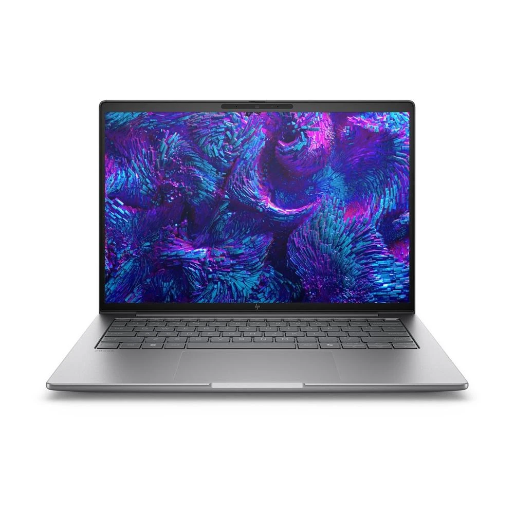 Un portátil plateado con una pantalla que muestra un patrón abstracto púrpura y azul. El teclado es visible y el fondo es blanco.