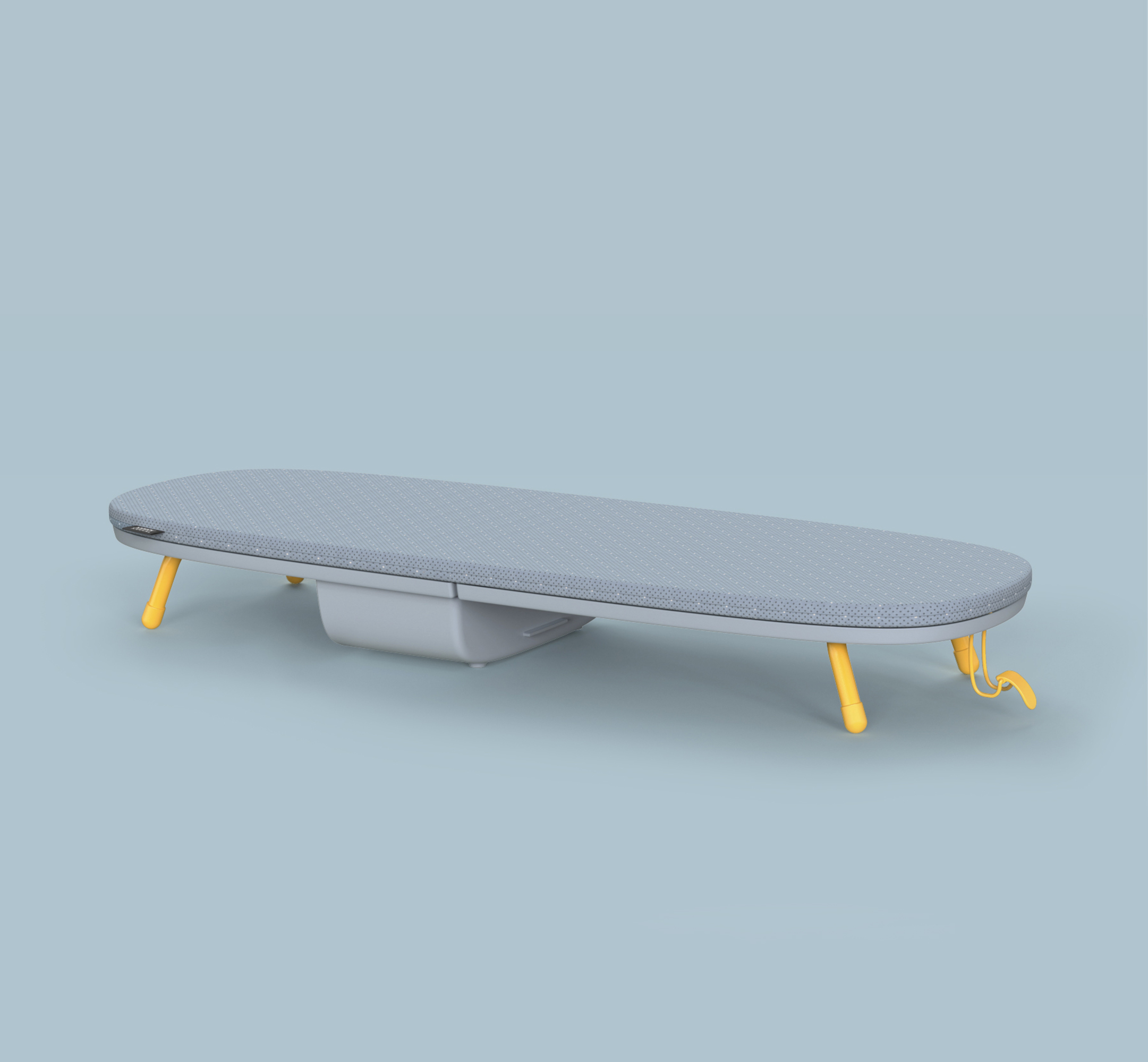 Una tabla de planchar con superficie gris y patas amarillas, sobre un fondo azul claro.