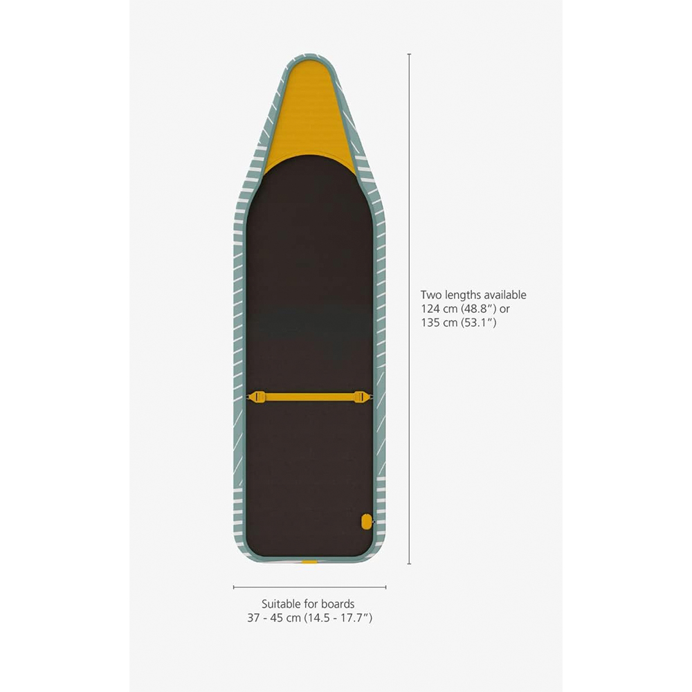 Bügelbrettbezug mit gelben und blauen Mustern. Text zeigt zwei Längenoptionen, 124 cm oder 135 cm, geeignet für Bretter 37-45 cm.