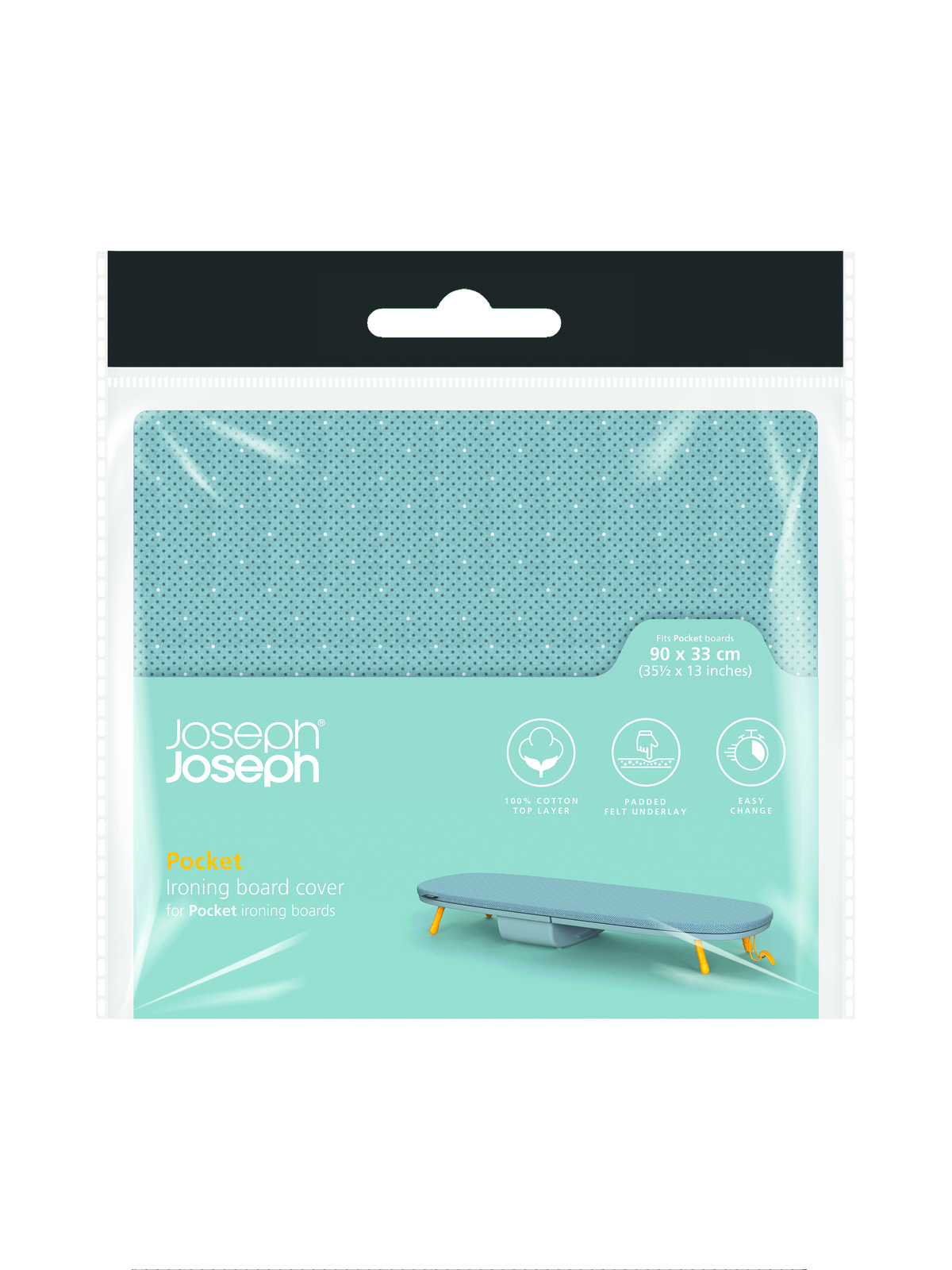 Una funda para tabla de planchar Joseph Joseph Pocket en un paquete de plástico. Características: capa superior 100% algodón y fácil cambio.