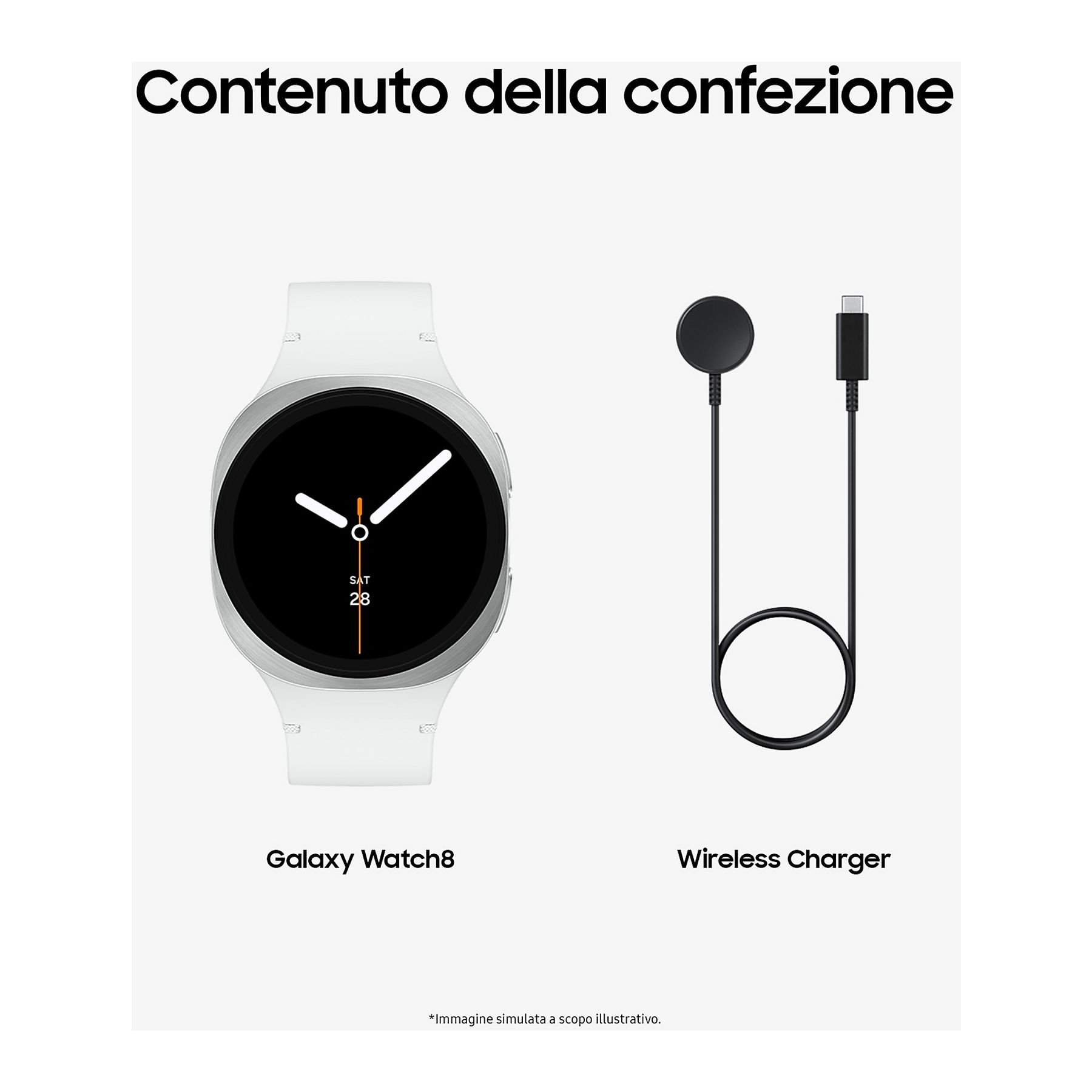 L'immagine mostra un Galaxy Watch8 bianco, un caricatore wireless e testo in italiano.