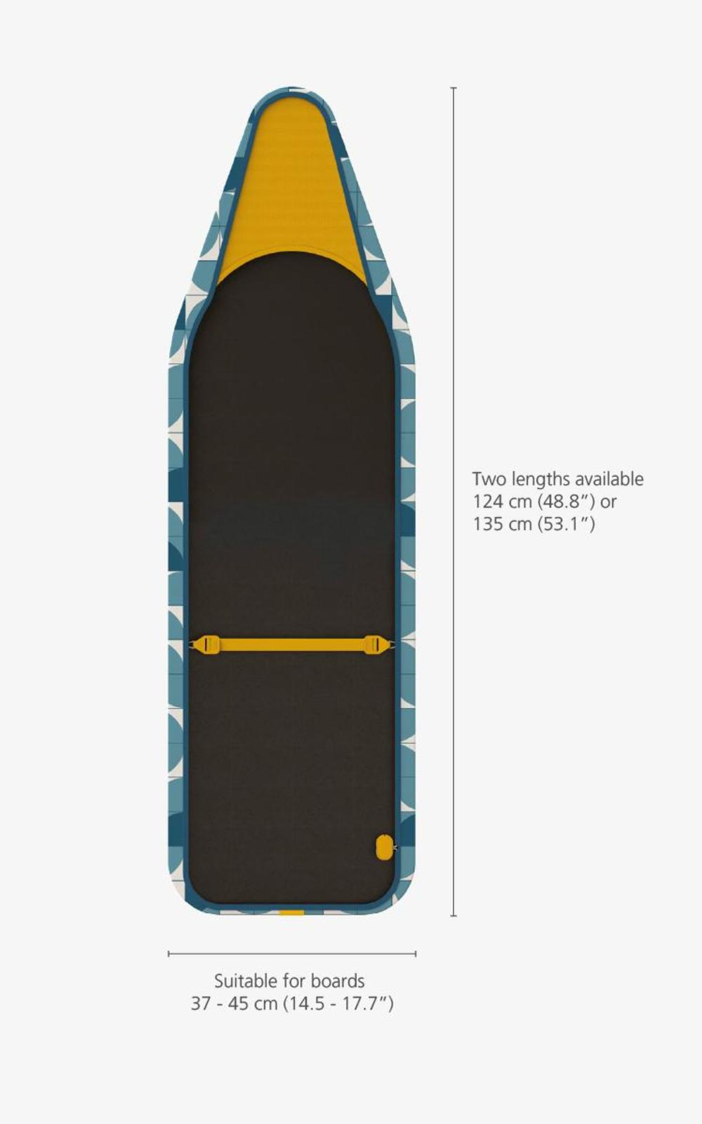 Una tabla estampada en azul, amarillo y negro. El texto indica dos longitudes disponibles: 124 cm o 135 cm, y adecuada para tablas de 37-45 cm.