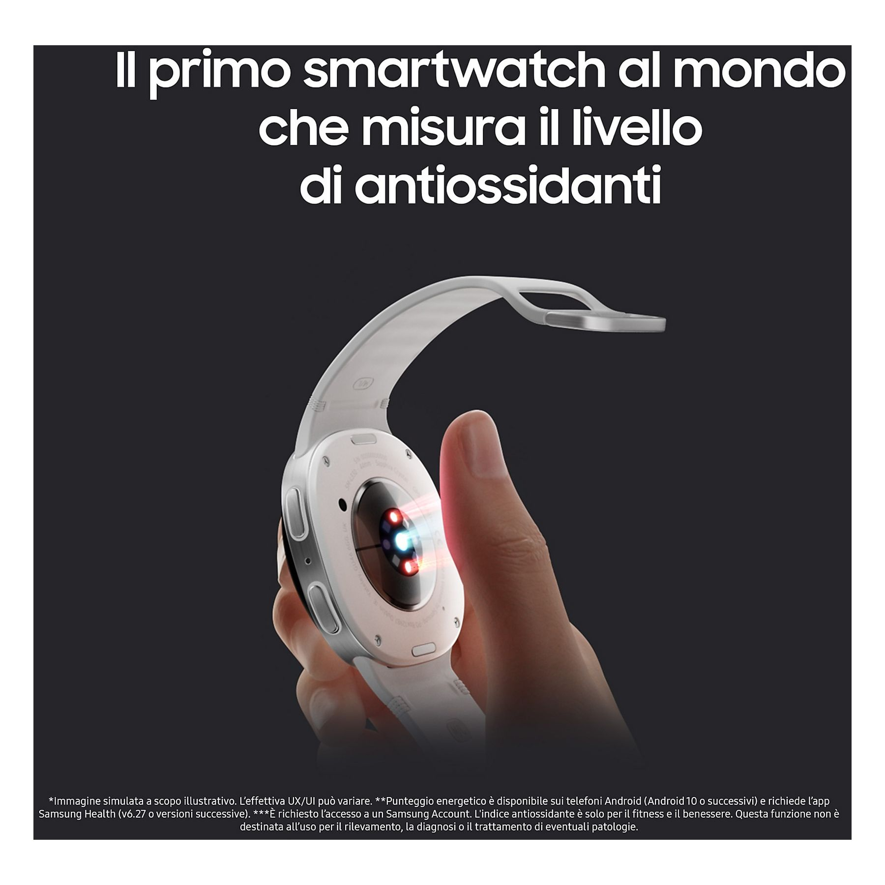 Uno smartwatch bianco misura gli antiossidanti. Una mano lo tiene. Testo italiano: primo smartwatch.