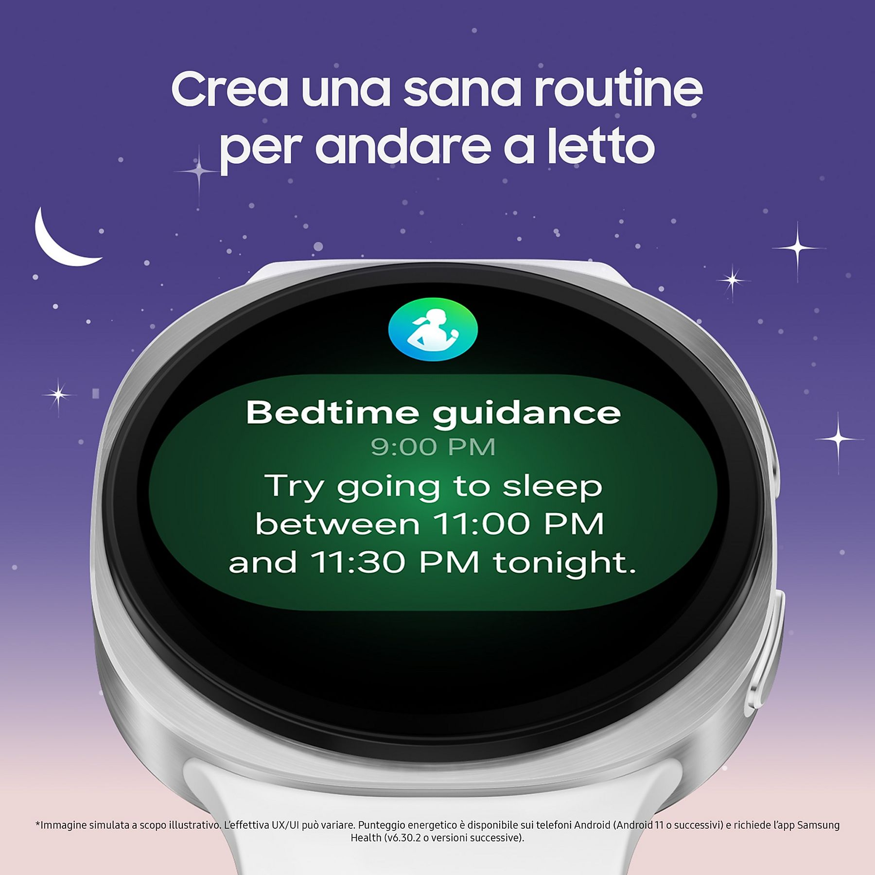 Uno smartwatch mostra le indicazioni per l'ora di andare a letto. È notte, le stelle sono visibili. L'orologio consiglia di dormire tra le 23:00 e le 23:30.
