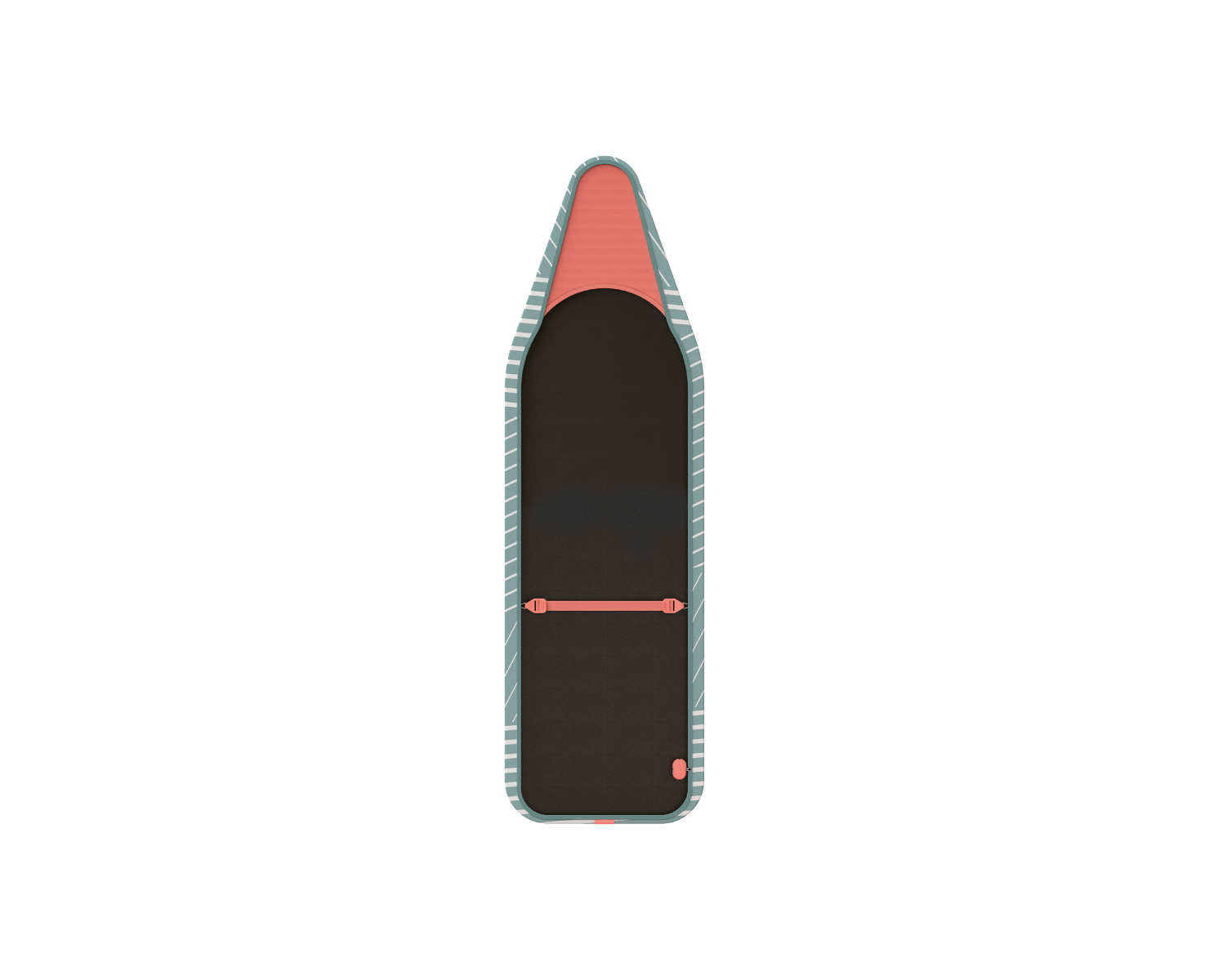 Vista superior de una tabla de paddle surf. Tiene una punta coral, centro negro, bordes turquesa y una correa coral.