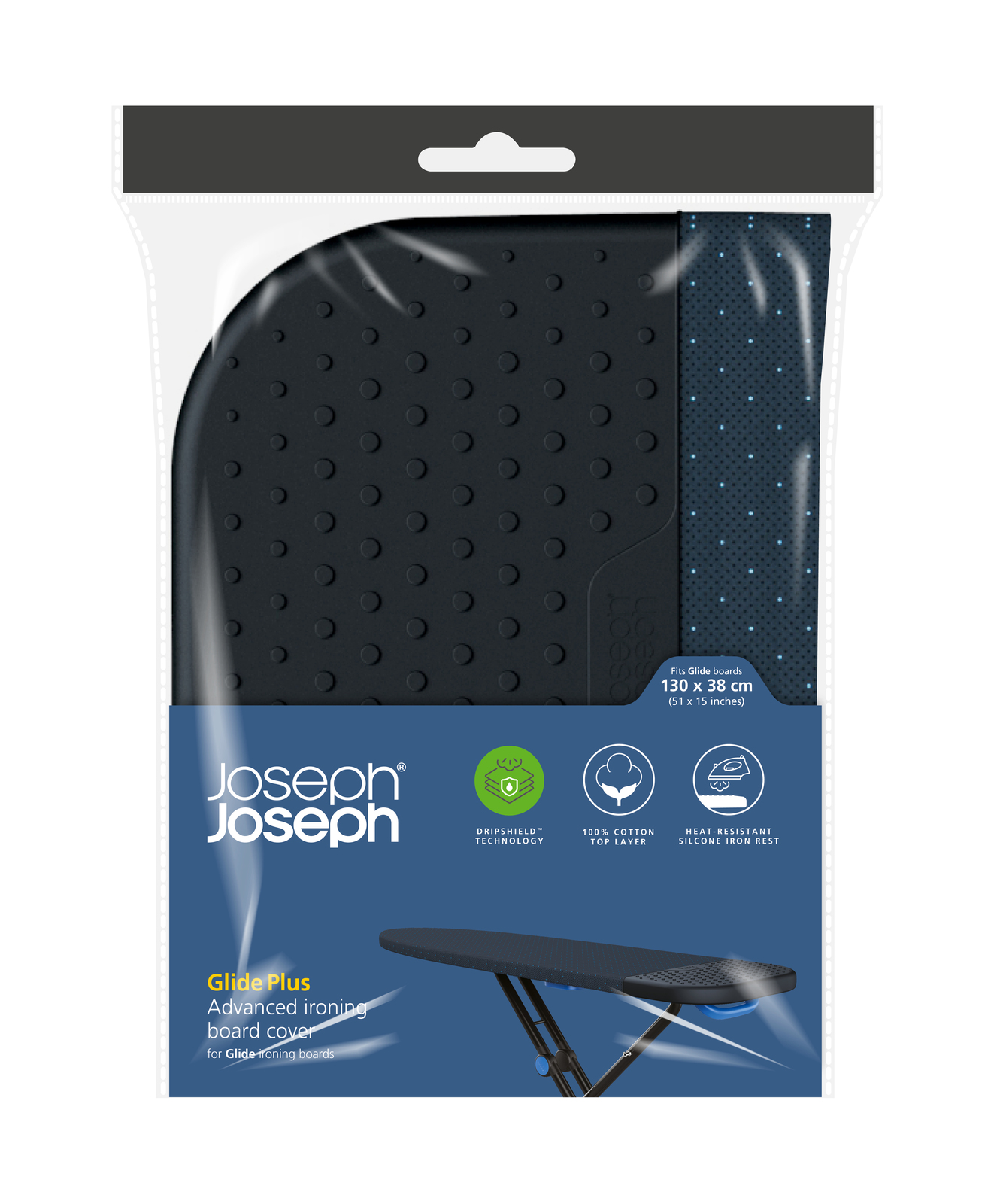 Embalaje de una funda negra para tabla de planchar. Presenta el logotipo de Joseph Joseph y detalles del producto. Incluye iconos de tecnología y características.