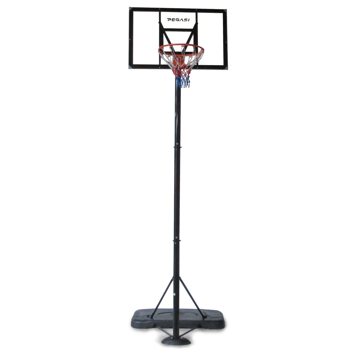 A basketball hoop stands on a white background. It has a black frame, a red net, and a blue net. The base is black.