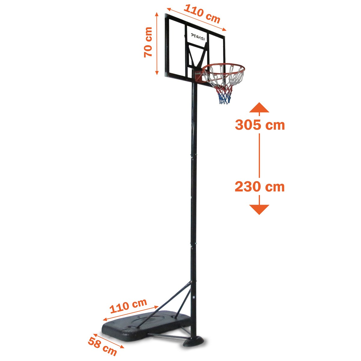 A basketball hoop stands on a white background. It has a black backboard, a red net, and a black base. Dimensions are provided.