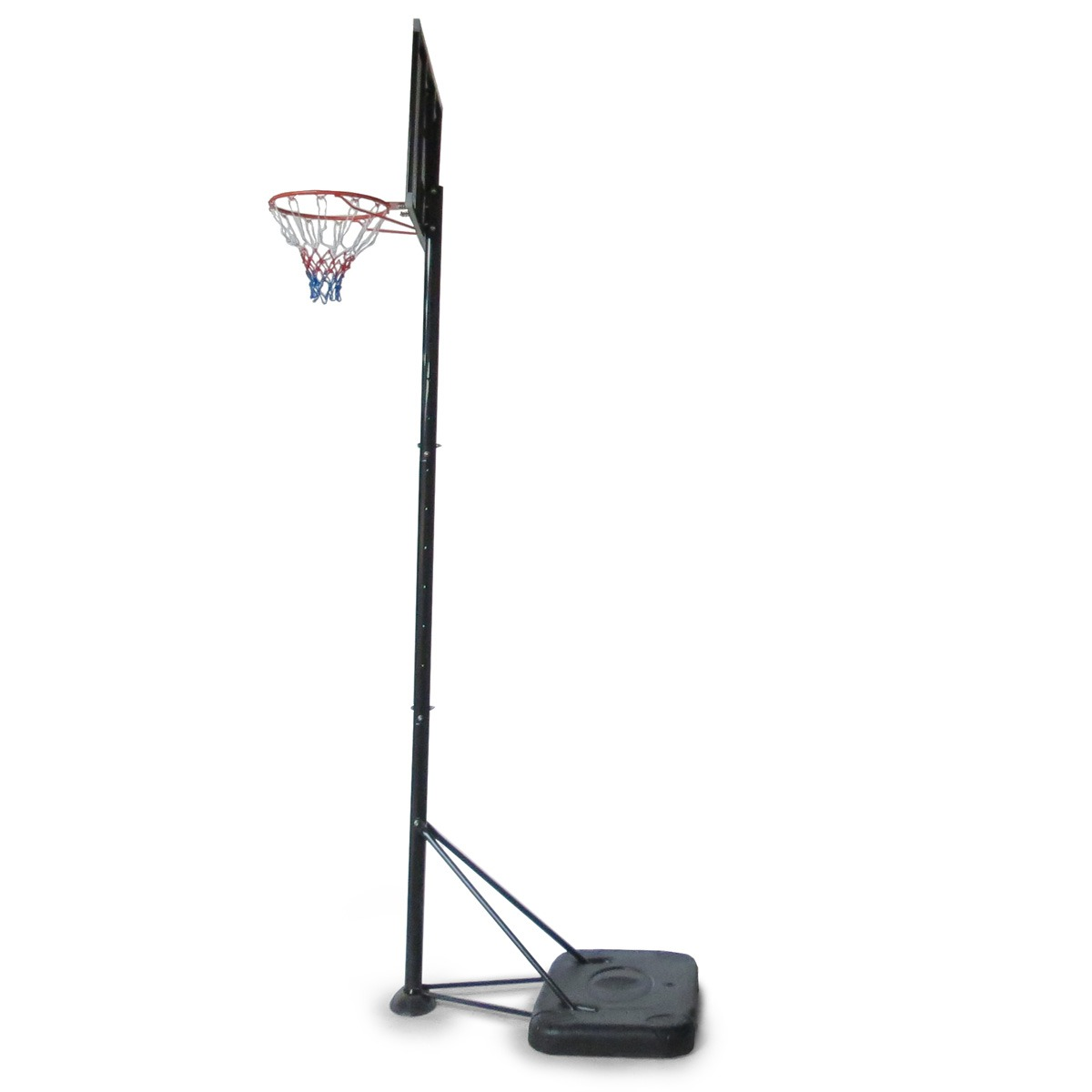 A basketball hoop stands on a white background. It has a black pole, a square base, and a net with red, white, and blue colors.