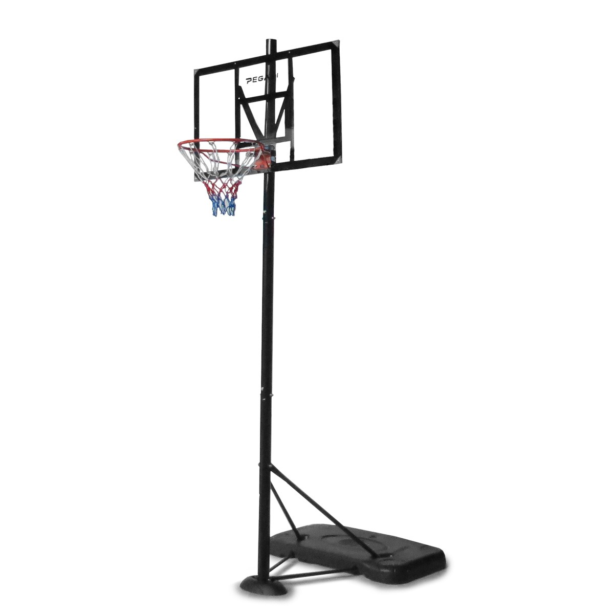 Basketball hoop on white background. It has a black pole, a square backboard, and a red, white, and blue net.