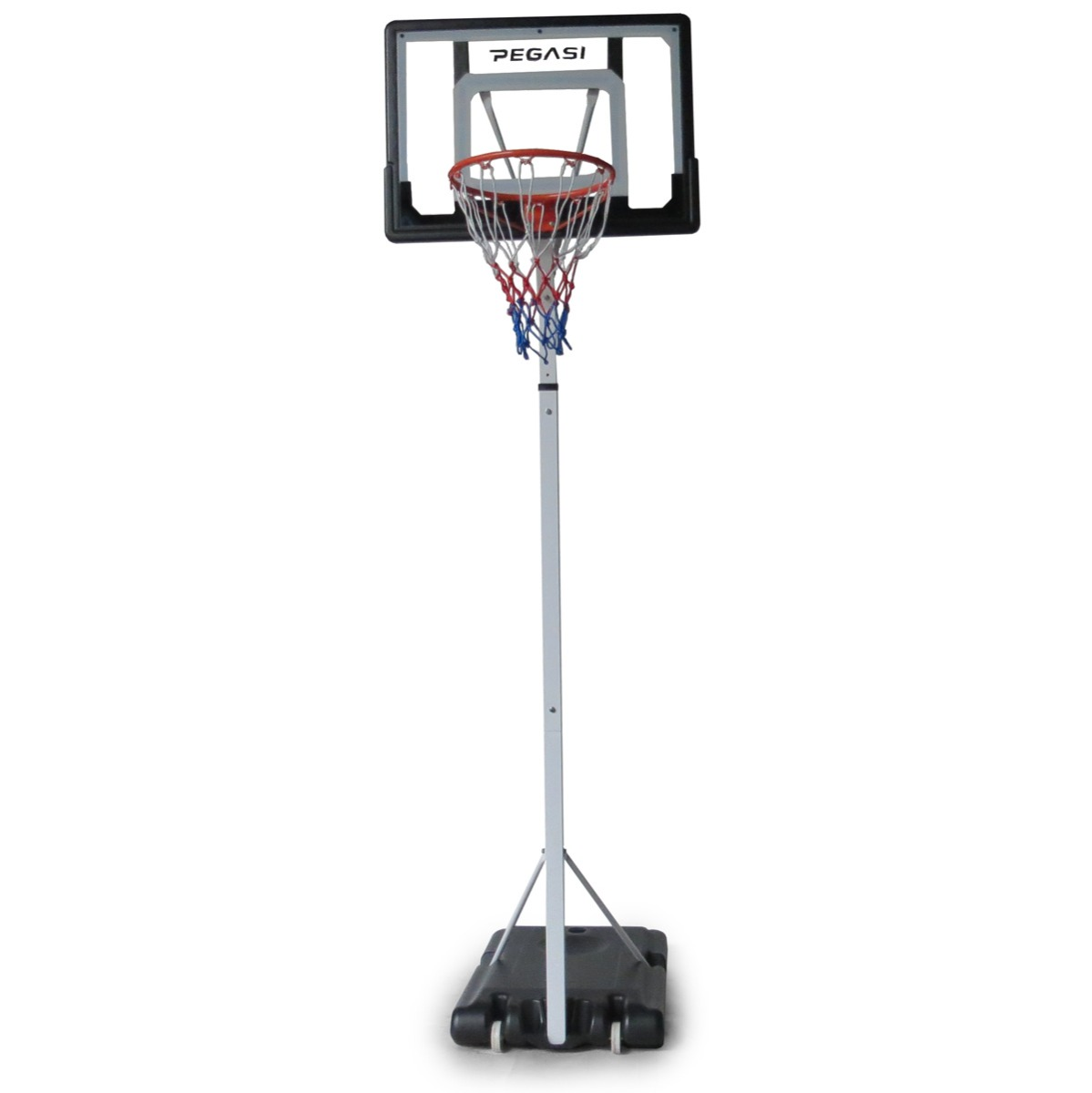 A basketball hoop stands on a white background. It has a black backboard, orange rim, and a net with red and blue stripes.