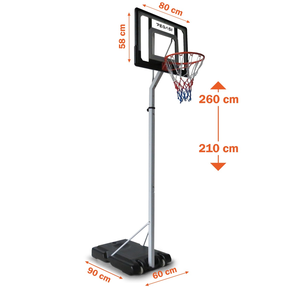 A basketball hoop on a stand. It has a black backboard, a red net, and a black base. Dimensions are provided in cm.