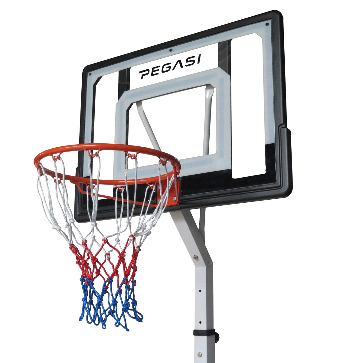 A basketball hoop with an orange rim, white net, and black frame is mounted on a white pole. The word PEGASI is on the backboard.