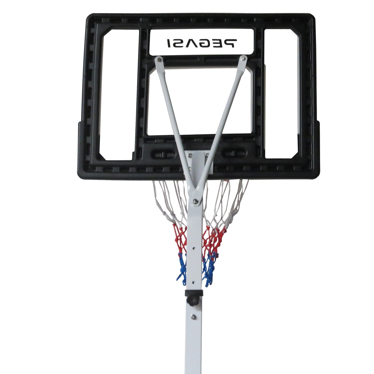 A basketball hoop with a black backboard, white support, and a net with red, white, and blue strands. The word 'SECVE21' is visible.