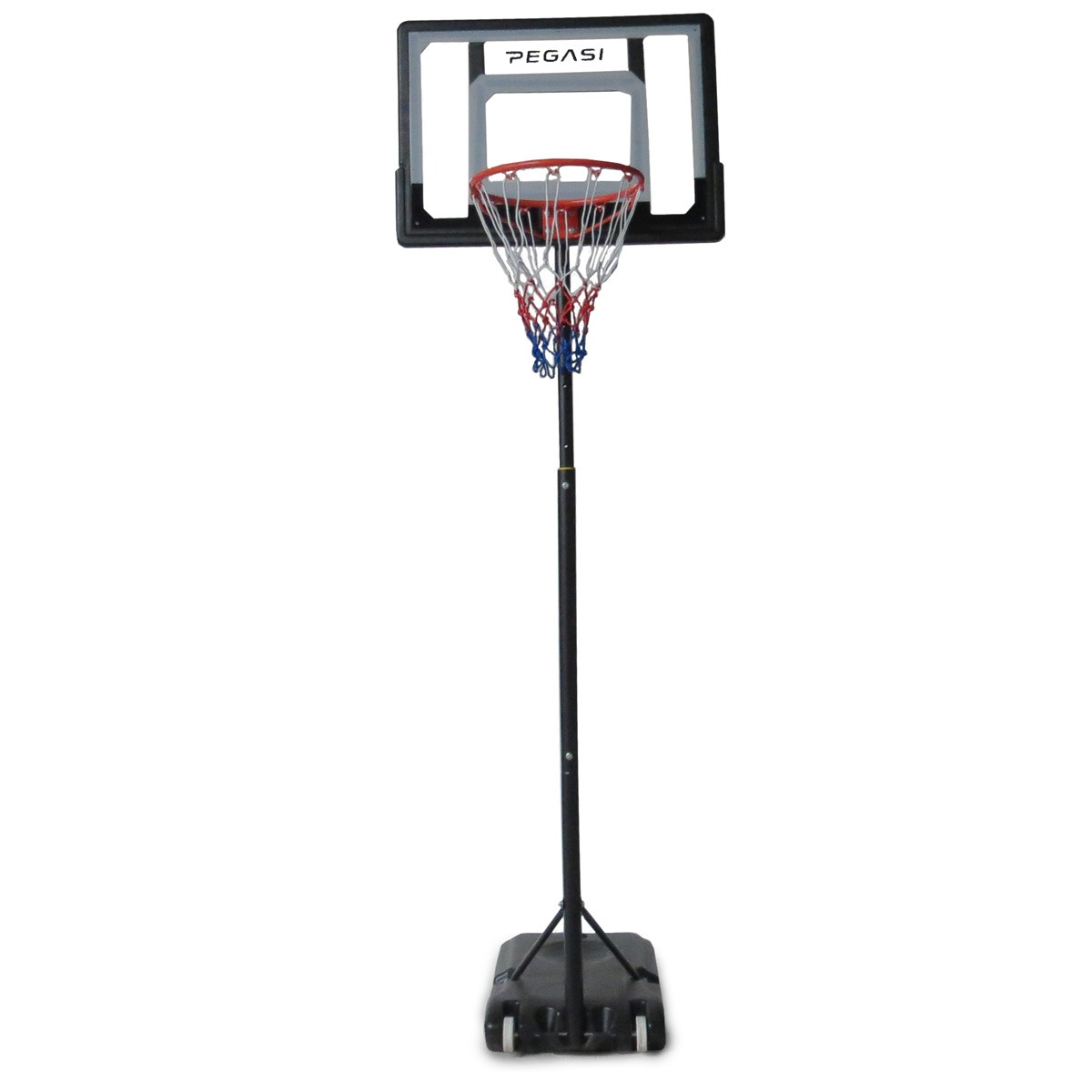 A basketball hoop stands on a white background. It has a black frame, red net, and a black pole with a base.