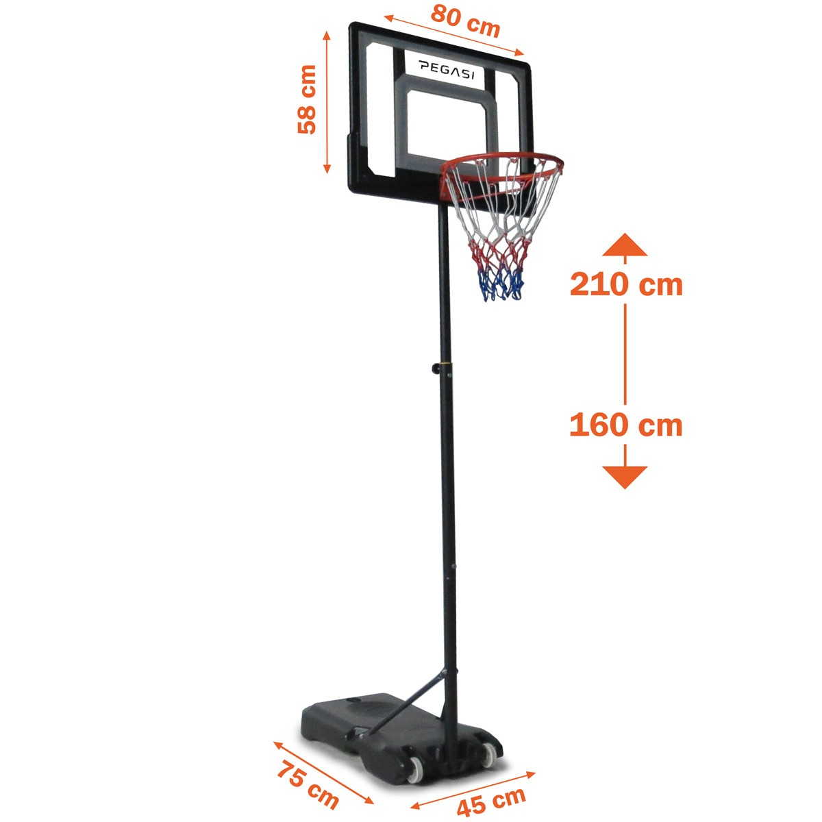 A basketball hoop stands on a white background. It has a black backboard, a red and white net, and a black pole on a black base.