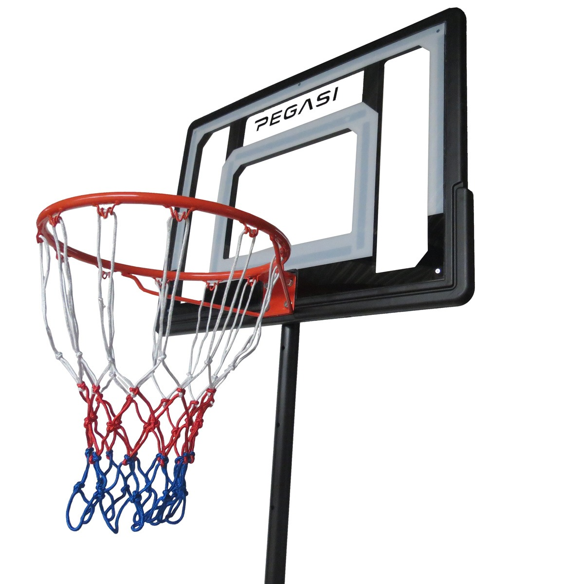 A basketball hoop with a red rim and net, black backboard with white borders, and a black pole on a white background.