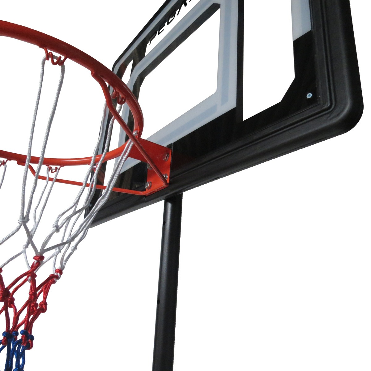 A basketball hoop is shown. The rim is red, the net is white, red, and blue. The backboard is black and white. The pole is black.