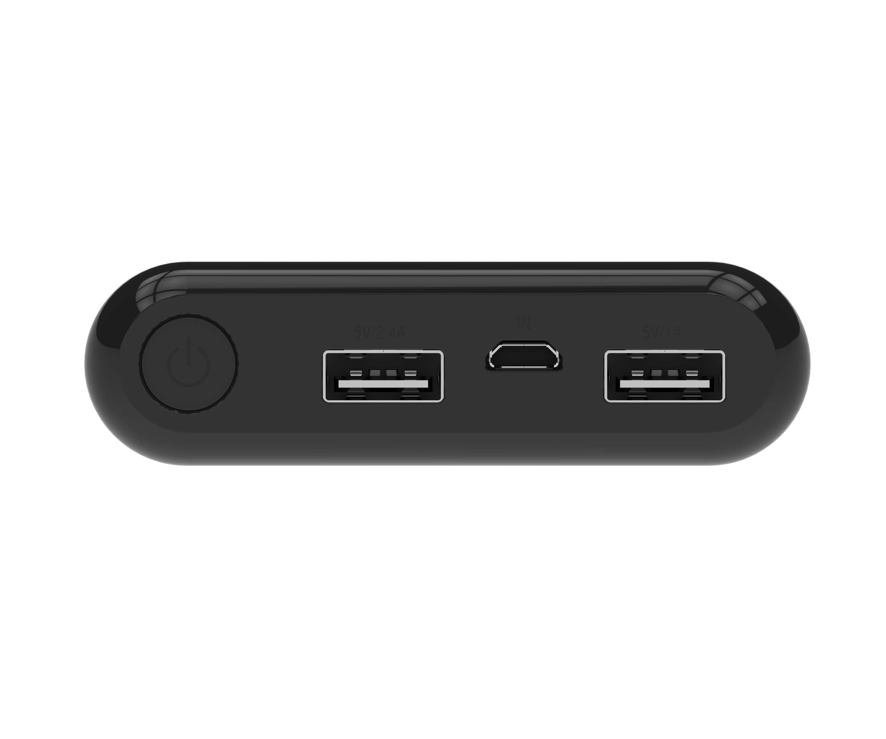 Un power bank nero con pulsante di accensione, porte USB ed etichette: 5V 2.4A, IN e 5V 1A, isolato su bianco.