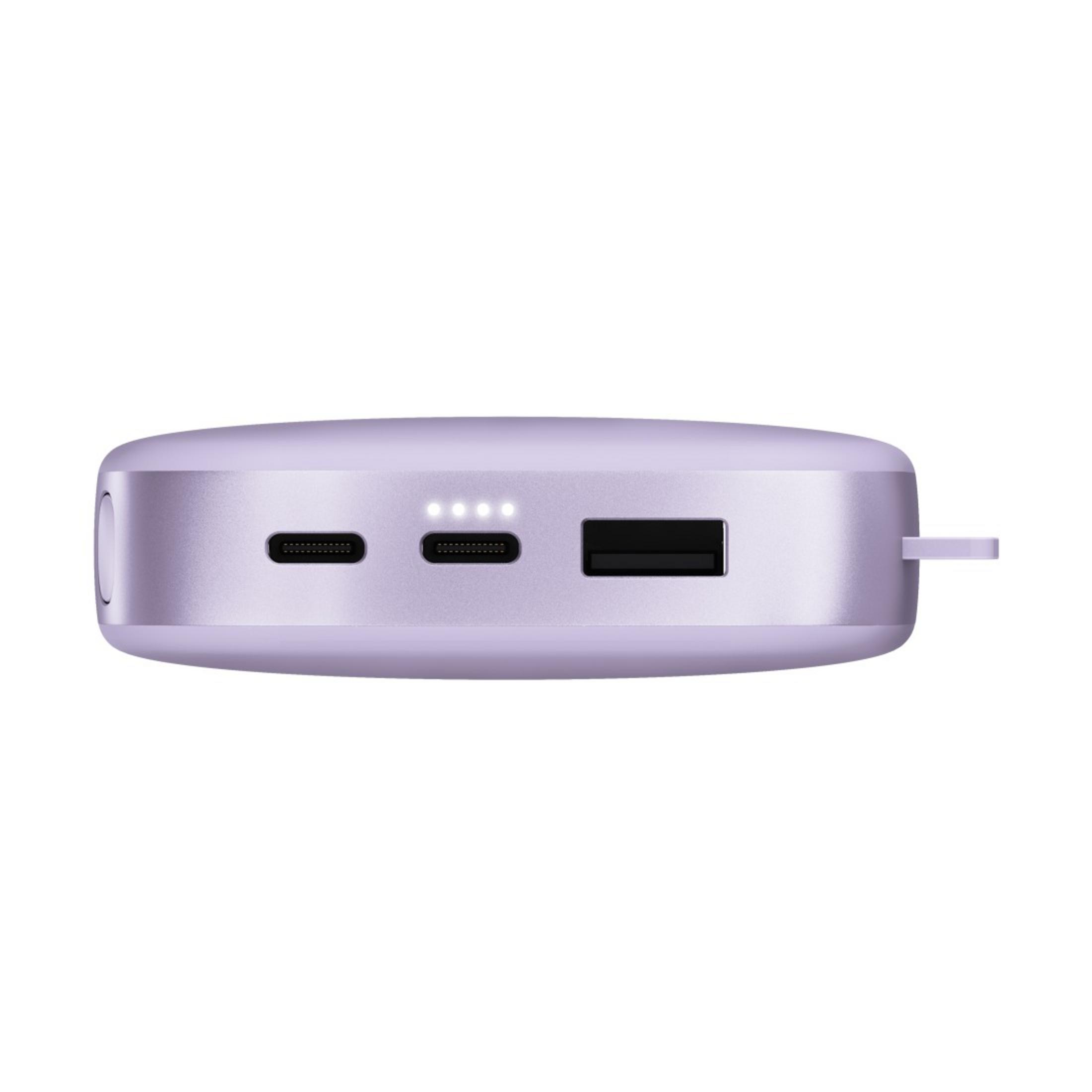 Un power bank lavanda con porte USB e USB-C e spie di alimentazione. Un piccolo anello sul lato.