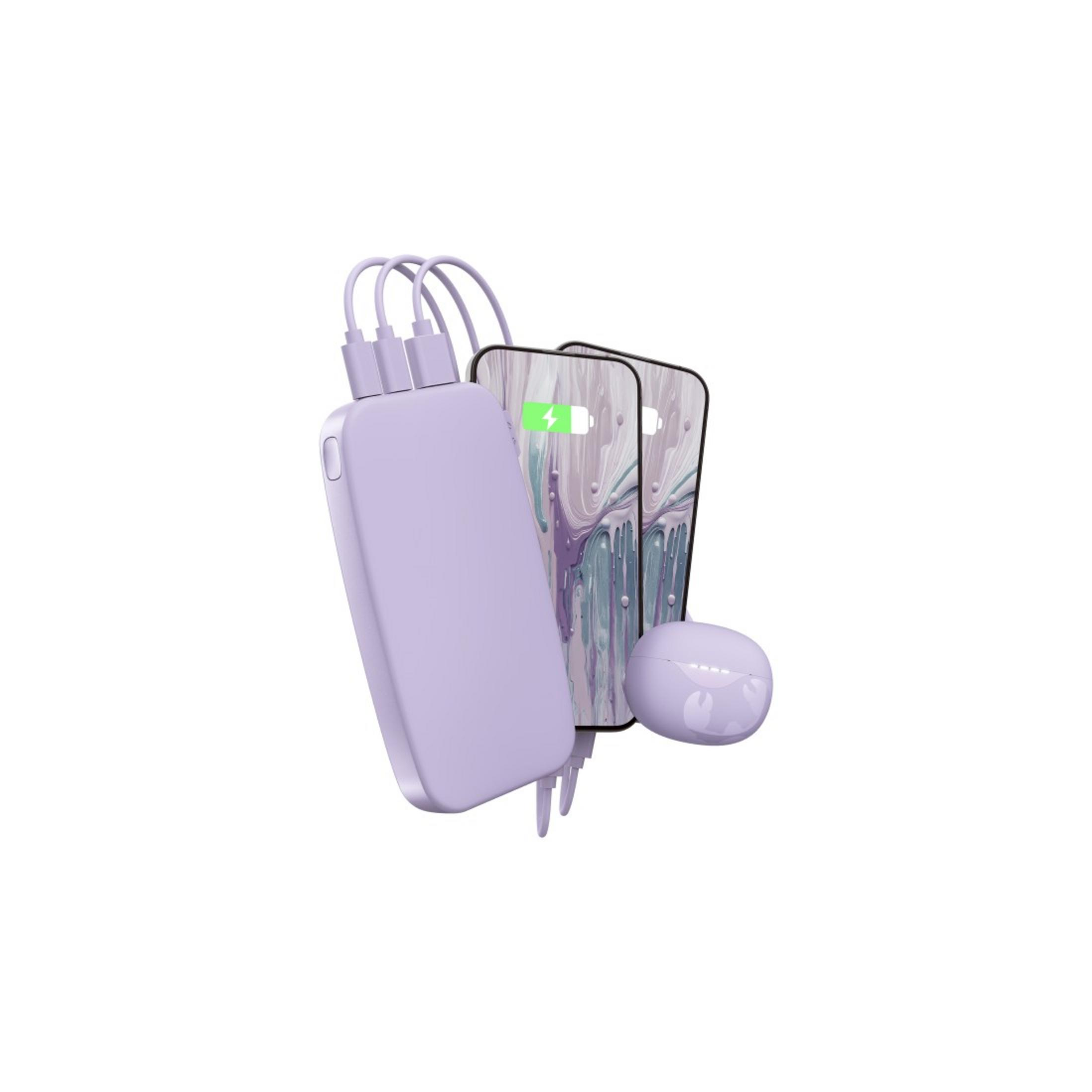 Un power bank lavanda con cavi, due telefoni e un piccolo altoparlante. I telefoni hanno un design marmorizzato.