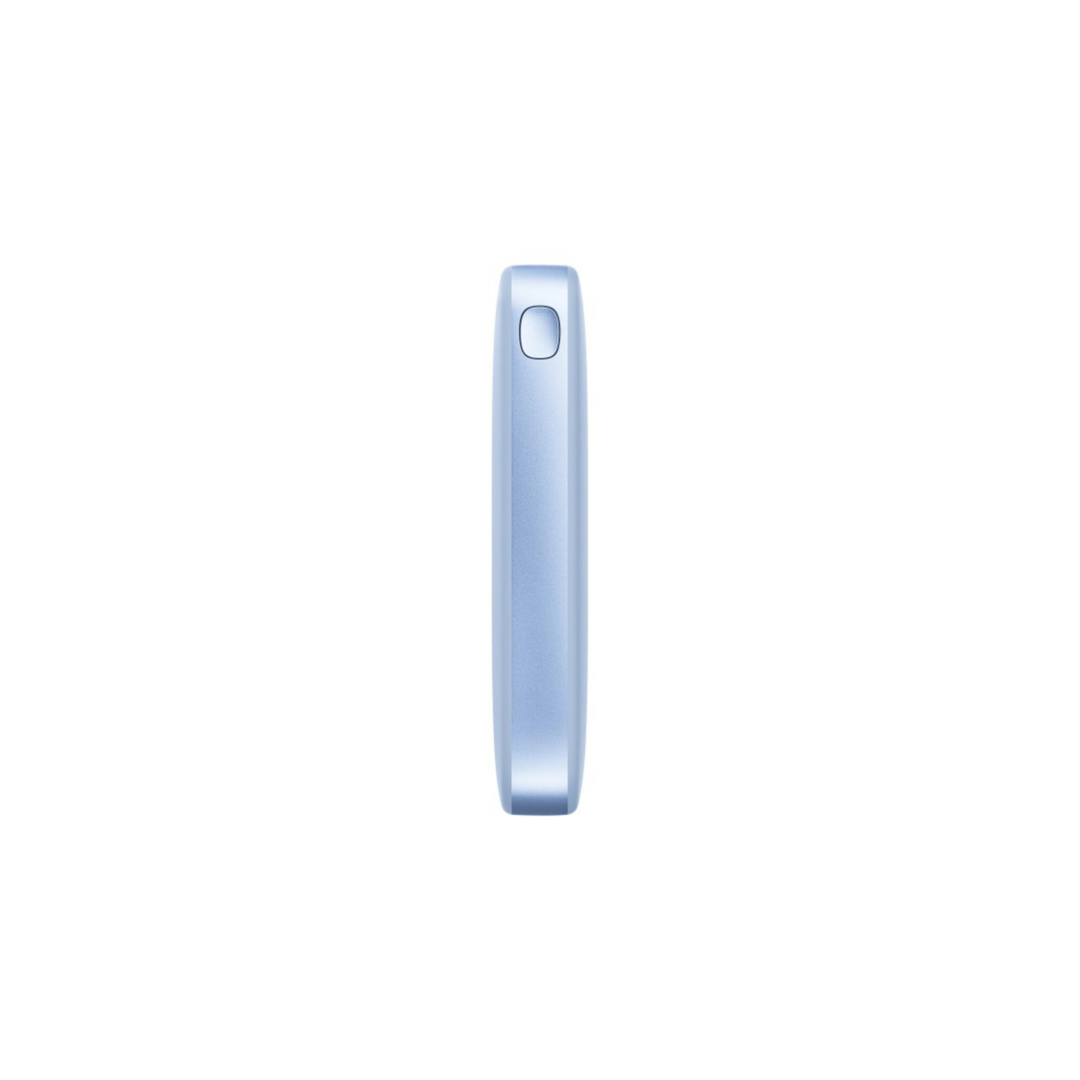 Un dispositivo rettangolare azzurro è in verticale su sfondo bianco. Ha un piccolo pulsante rientrante in alto.
