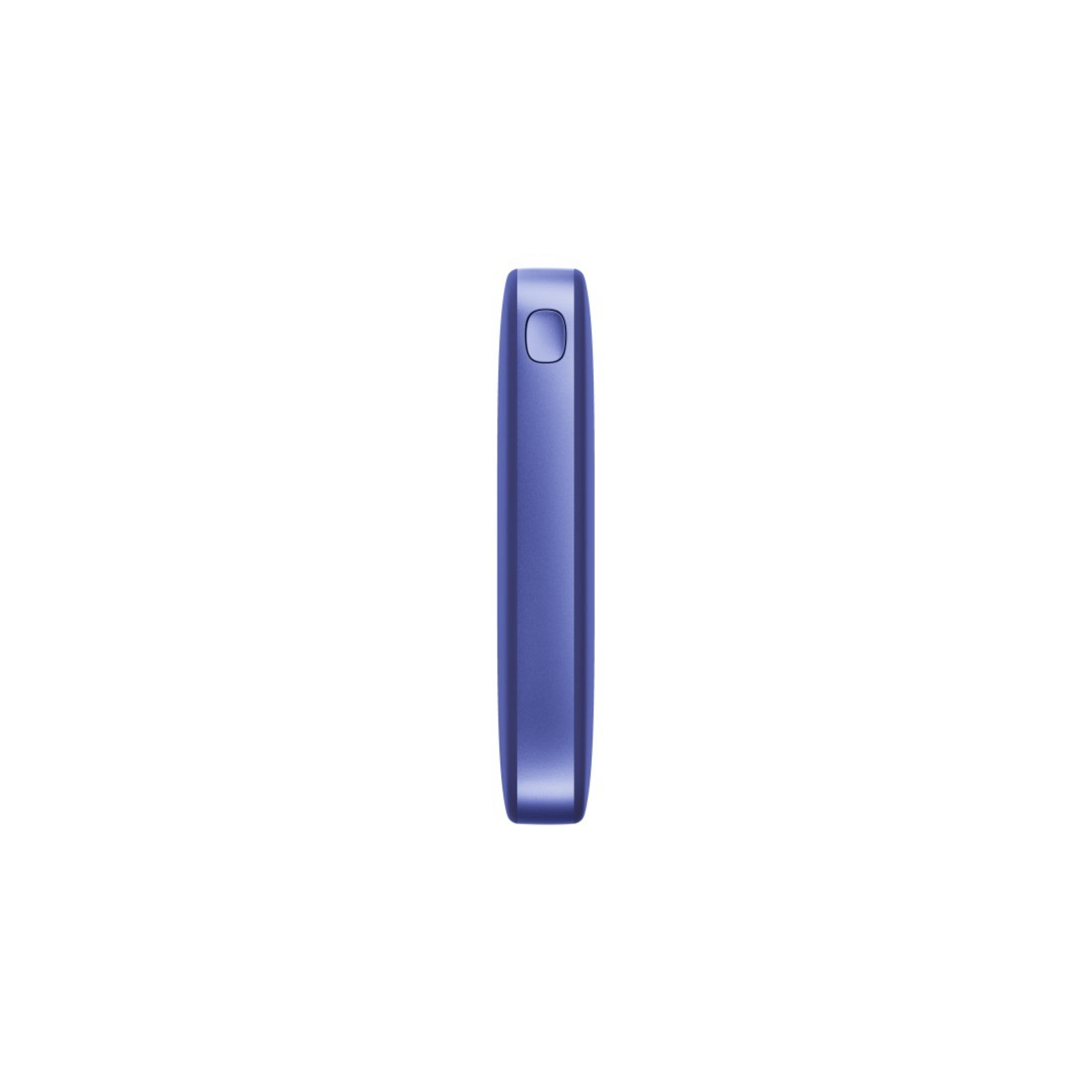 Un dispositivo verticale, blu, rettangolare con la parte superiore arrotondata. Un piccolo pulsante ovale in alto. Sfondo bianco.