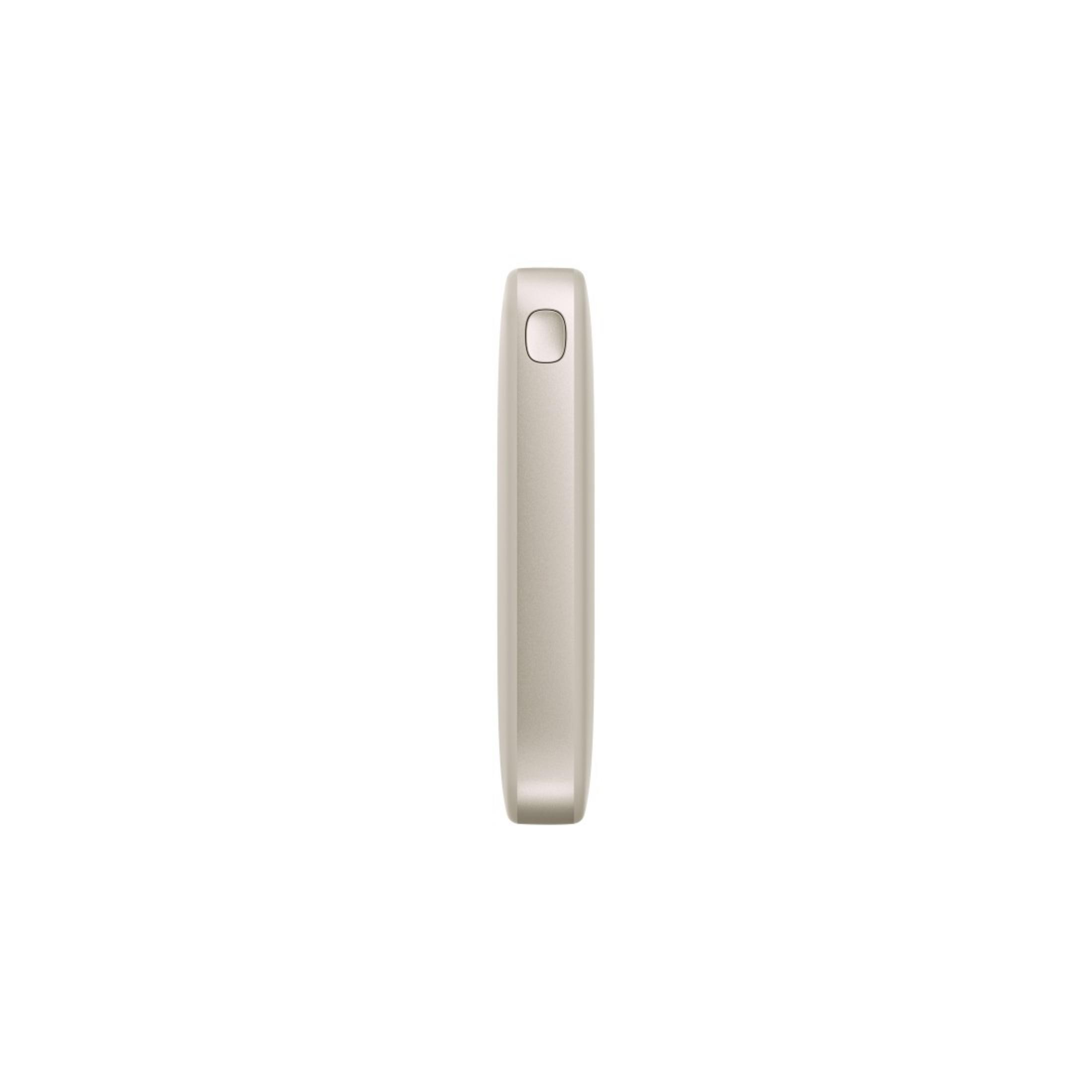 Un dispositivo rettangolare beige, forse una sigaretta elettronica, è in verticale su sfondo bianco.
