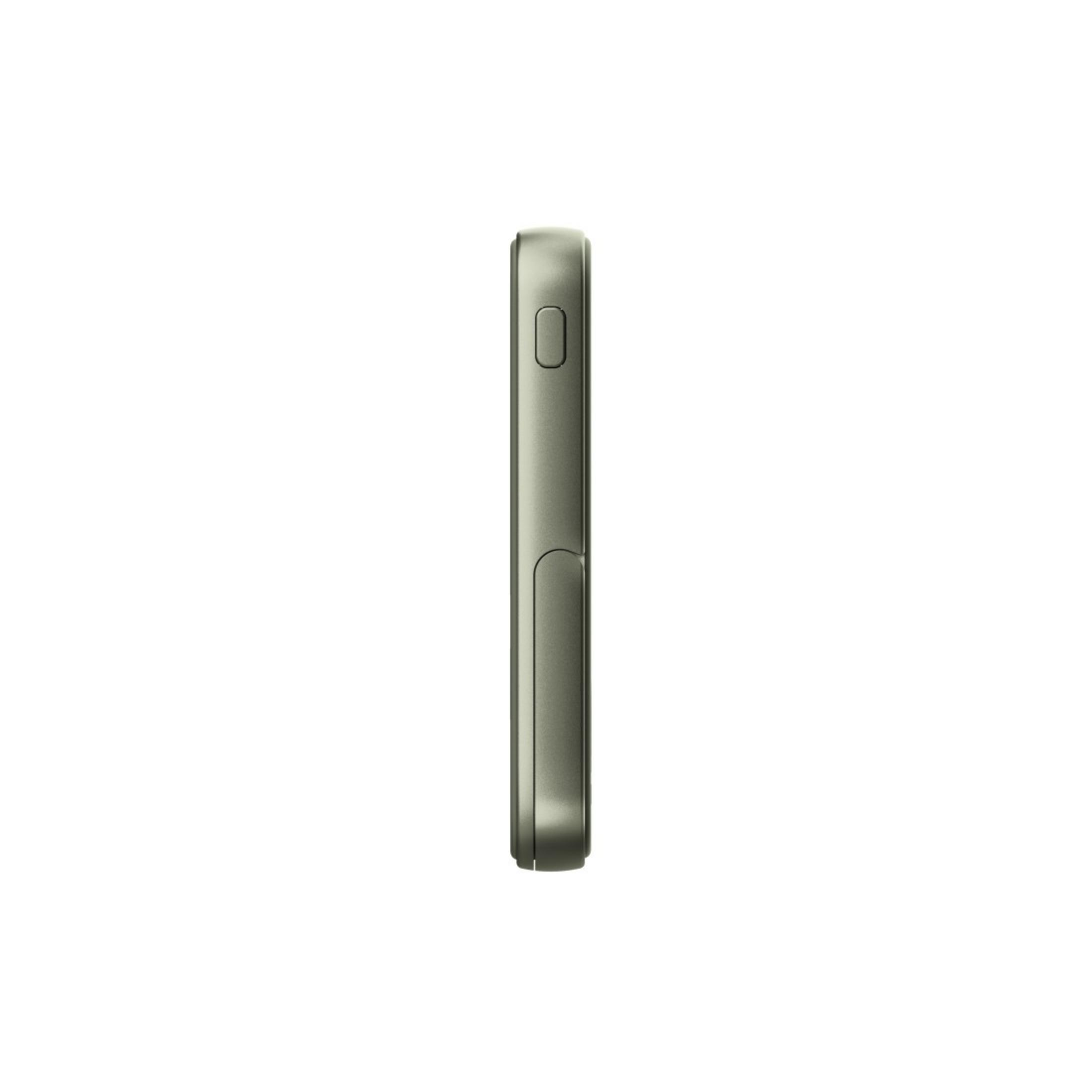 Vista laterale di uno smartphone verde. Il telefono è in verticale su sfondo bianco.