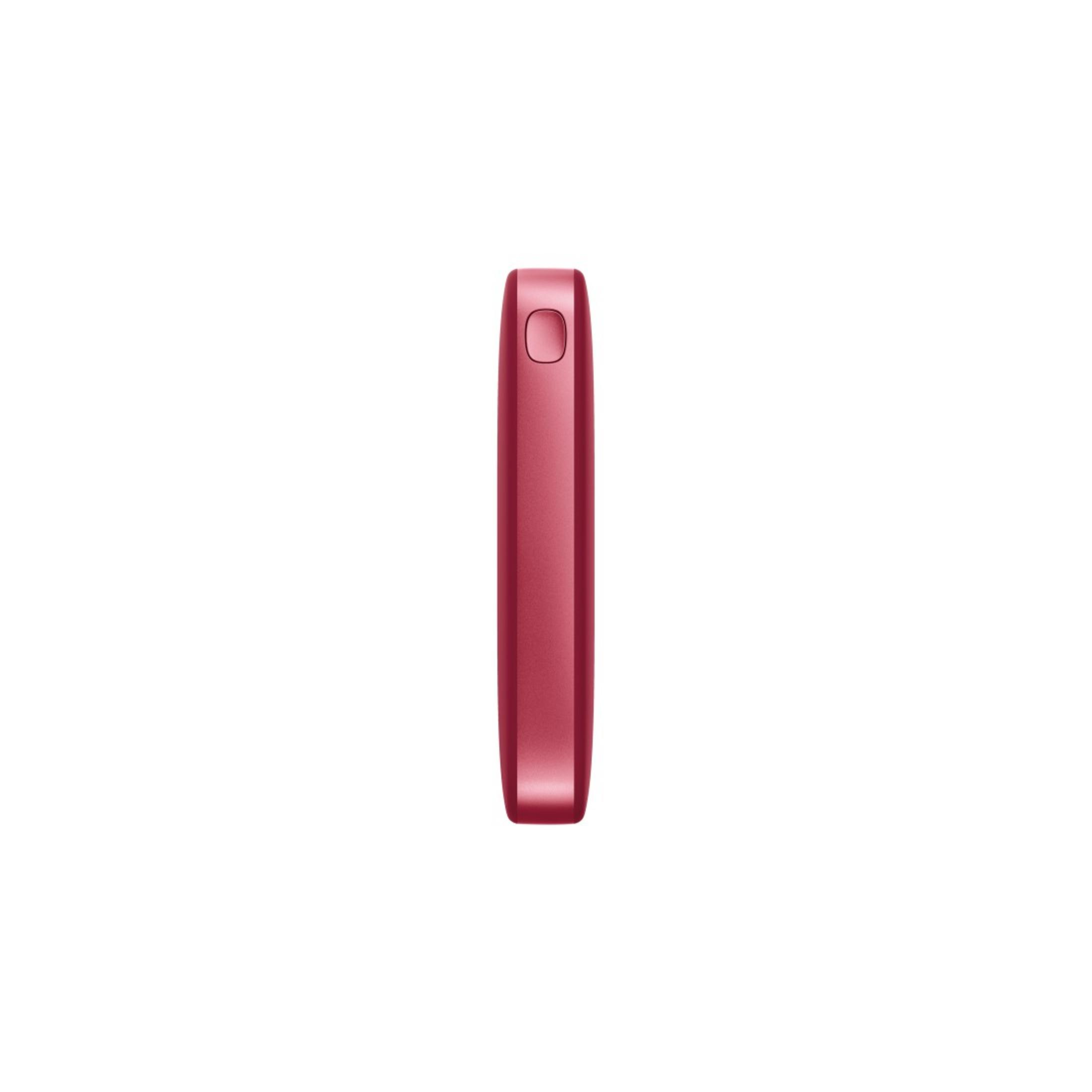 Un dispositivo verticale rosso su sfondo bianco. Ha una parte superiore arrotondata con un pulsante e un corpo rettangolare.