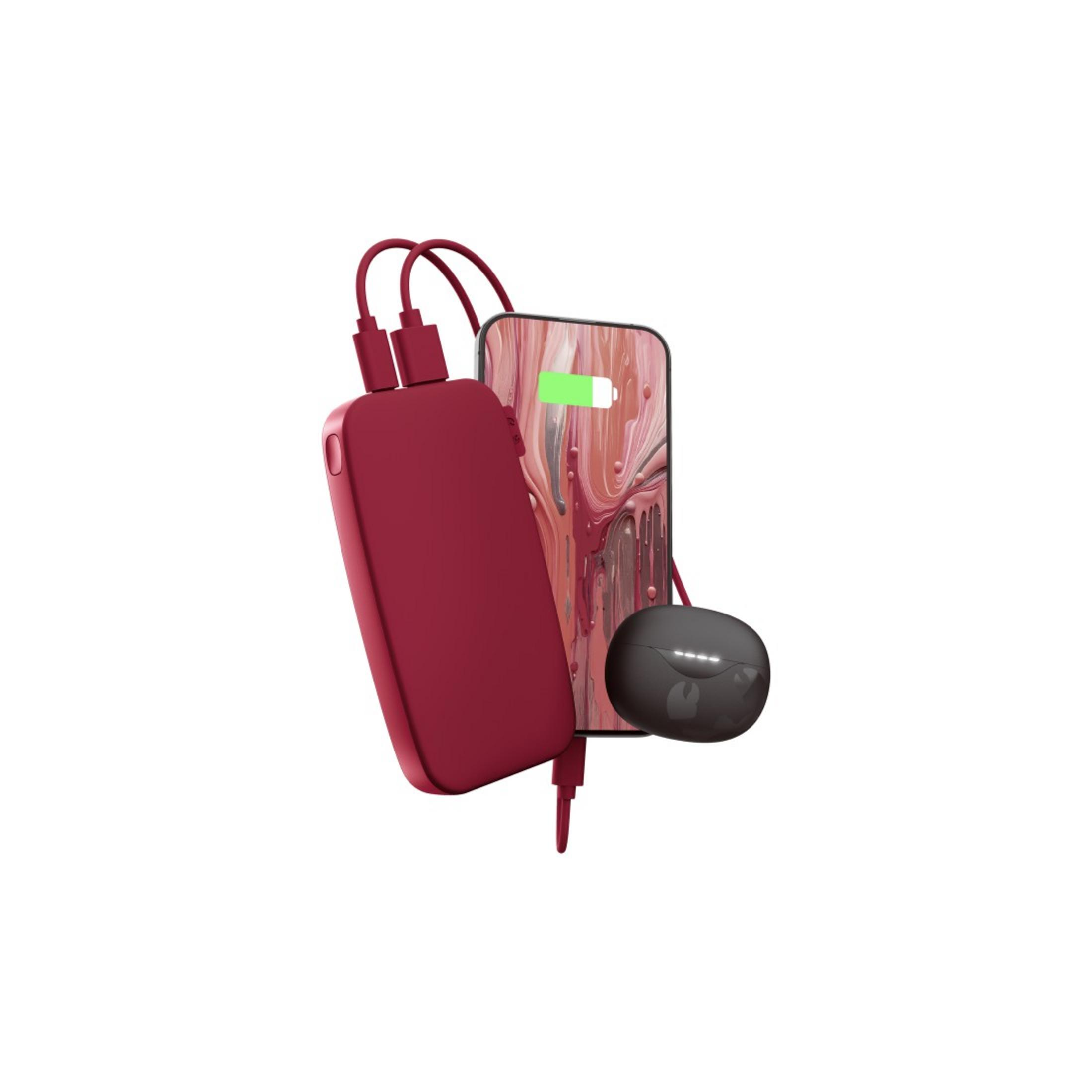 Un power bank rosso, uno smartphone e auricolari sono collegati. Il telefono mostra un'icona di ricarica.