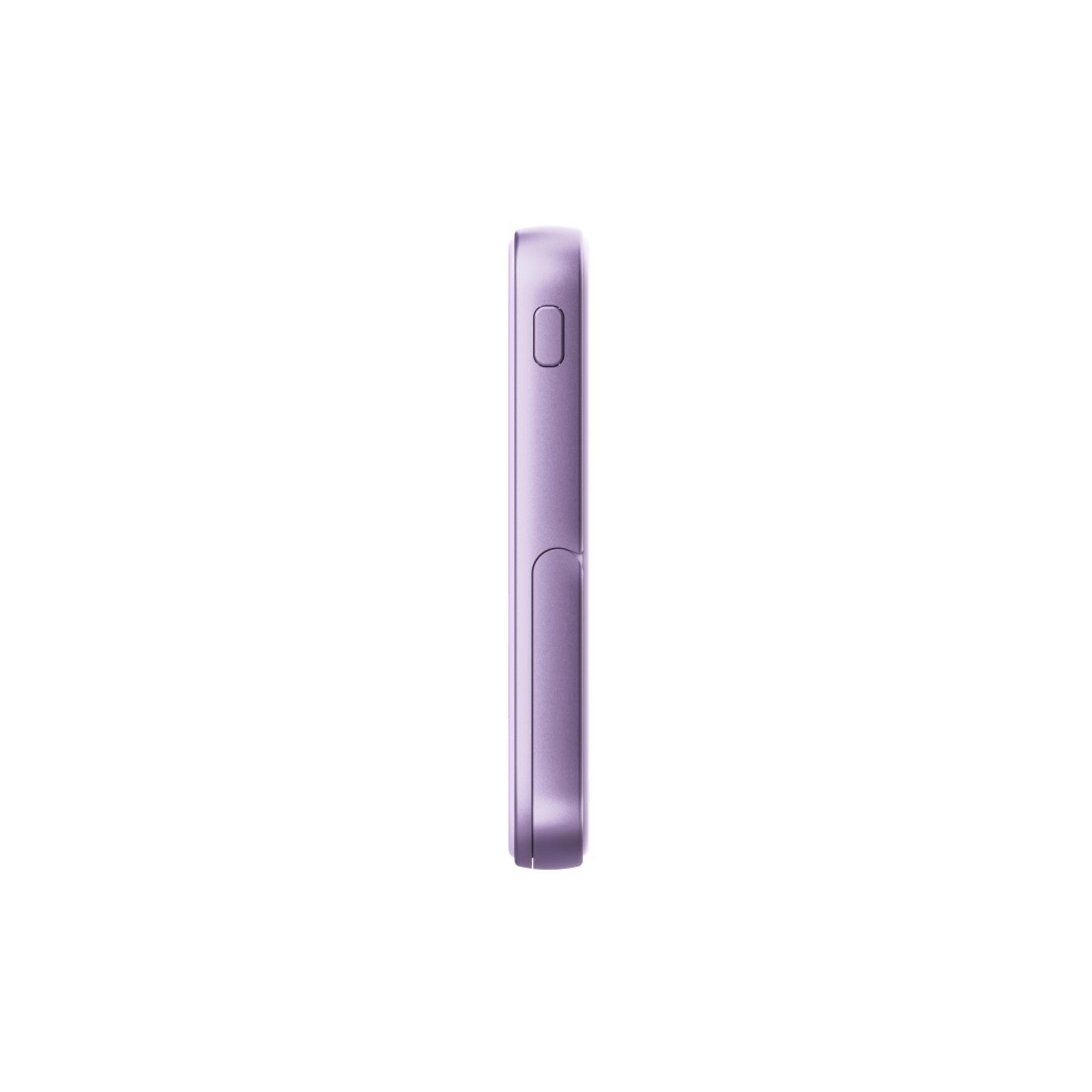 Vista laterale di un telefono viola. Il telefono ha un pulsante e un bordo inferiore curvo. Lo sfondo è bianco.