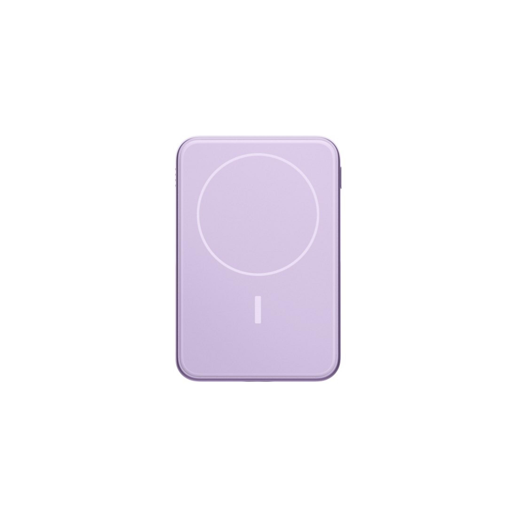Un caricatore wireless rettangolare lavanda con un cerchio bianco e una linea, su sfondo bianco.