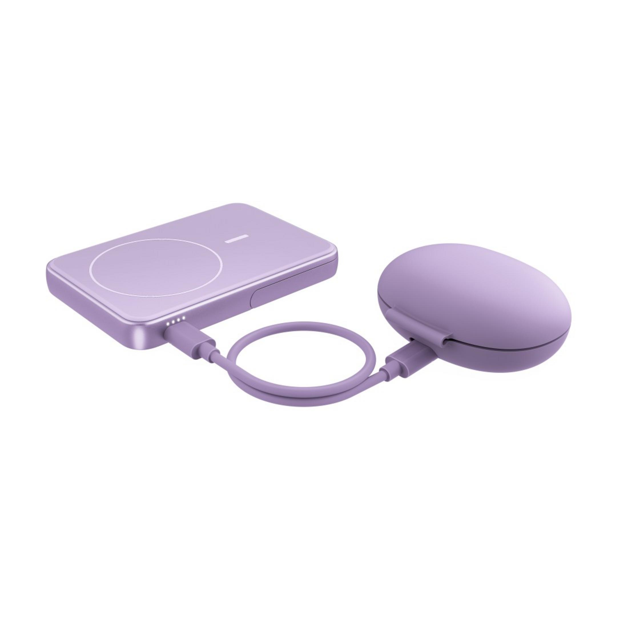 Un power bank e una custodia per auricolari color lavanda collegati da un cavo. Il power bank ha un cerchio e una linea.