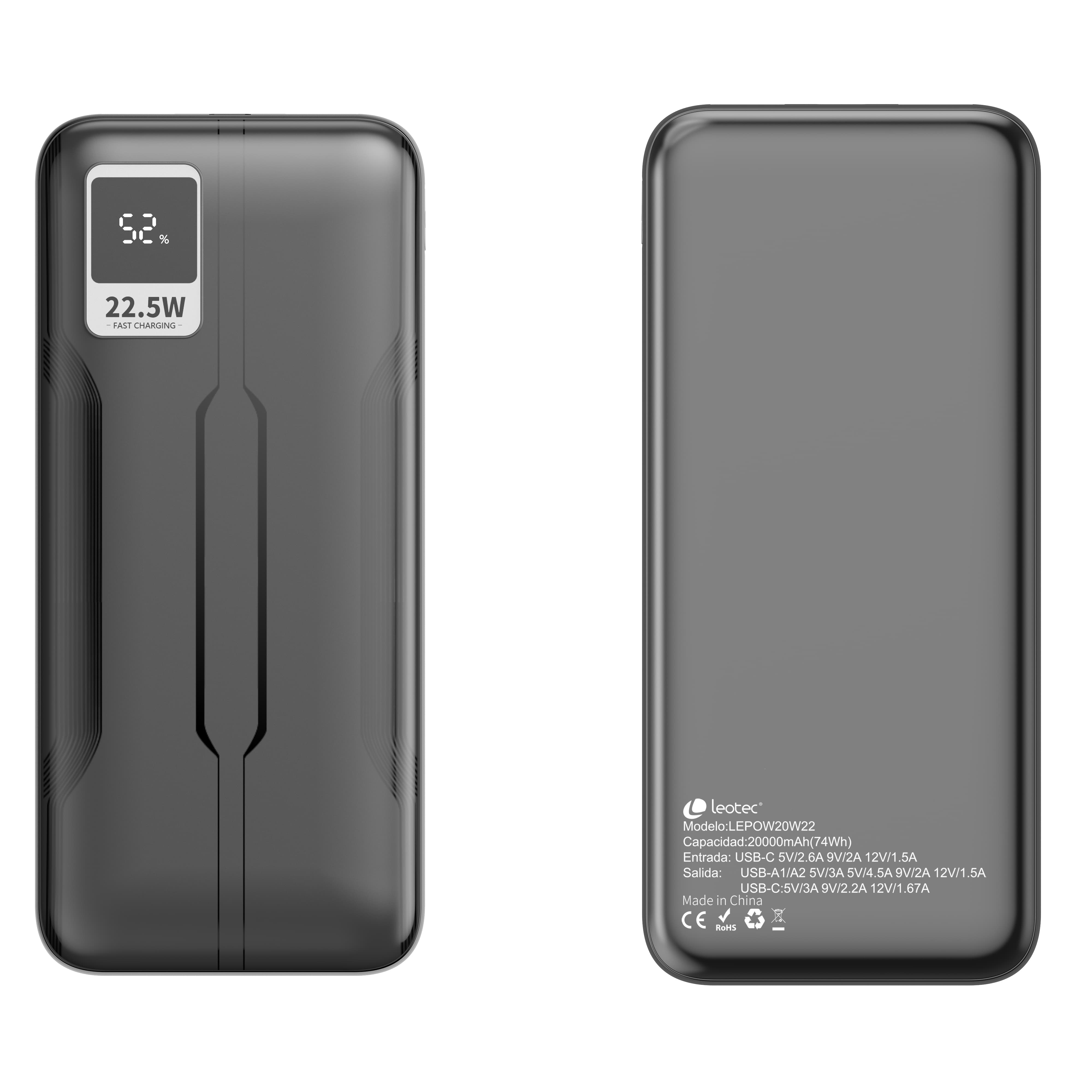 Un power bank grigio scuro con display digitale che mostra il 52% di carica. Ha un'etichetta di ricarica rapida.