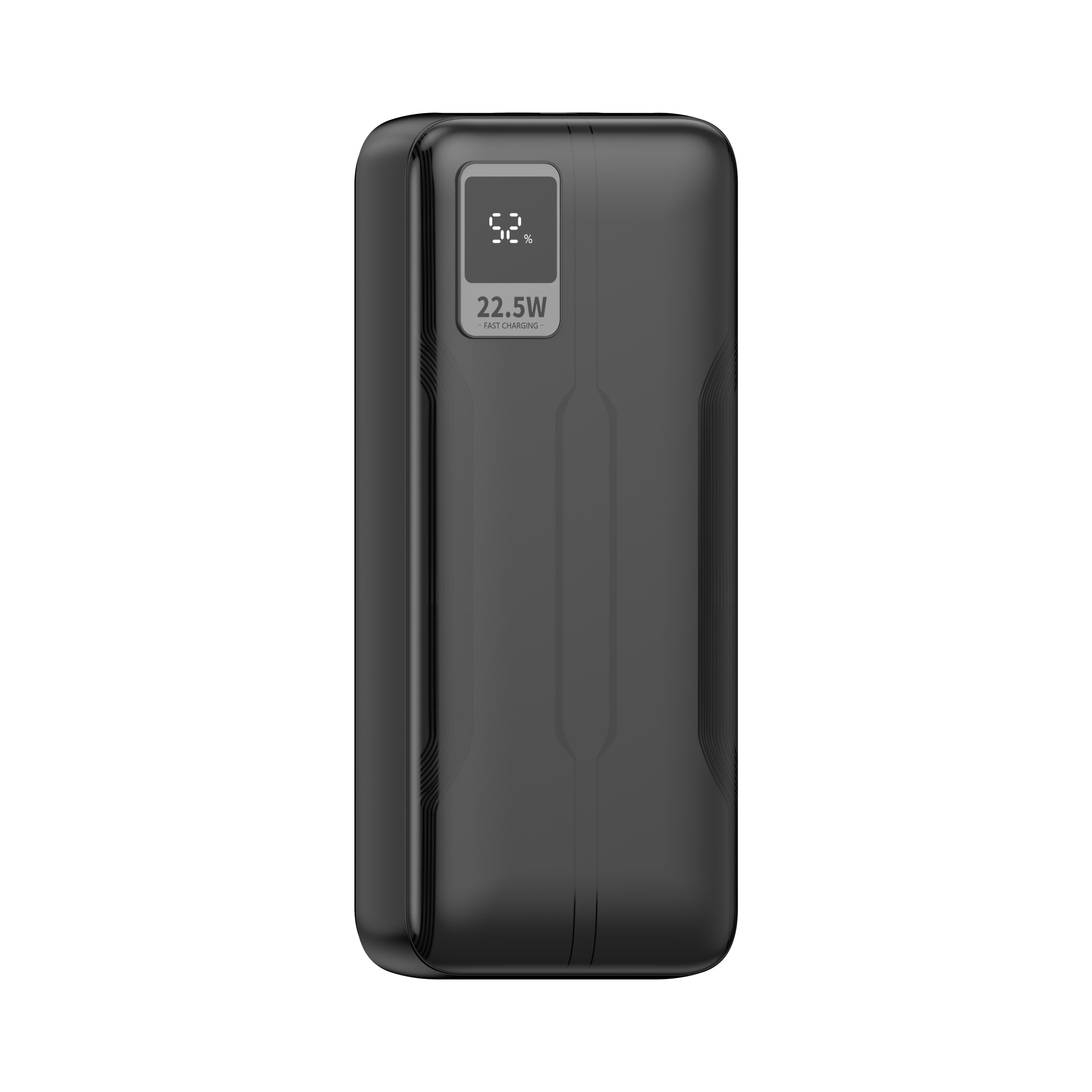 Un power bank nero con display digitale che mostra il 52% e la ricarica rapida da 22,5 W su sfondo bianco.