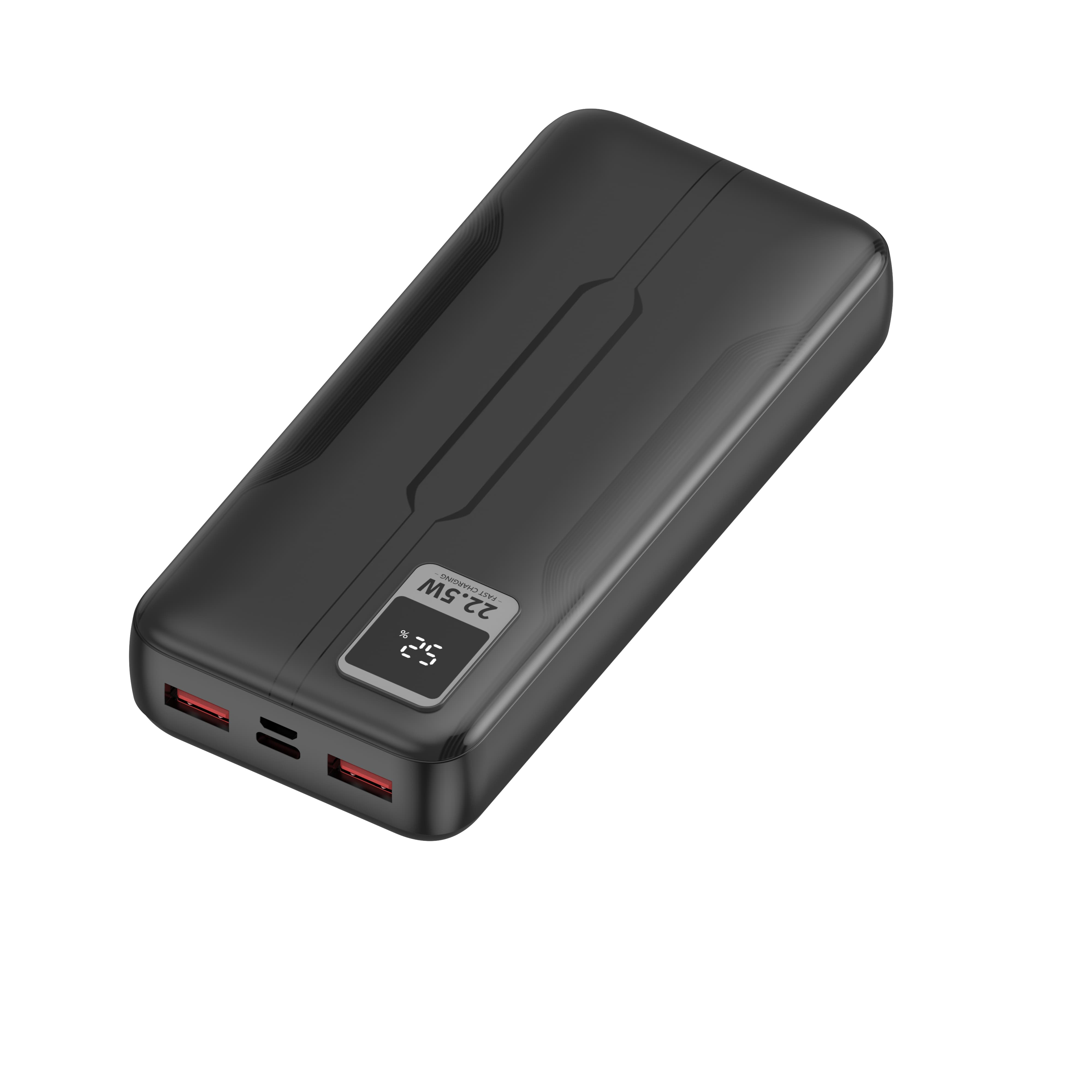 Power bank nera con display digitale che mostra il 25%. Ha porte USB rosse e sfondo bianco.