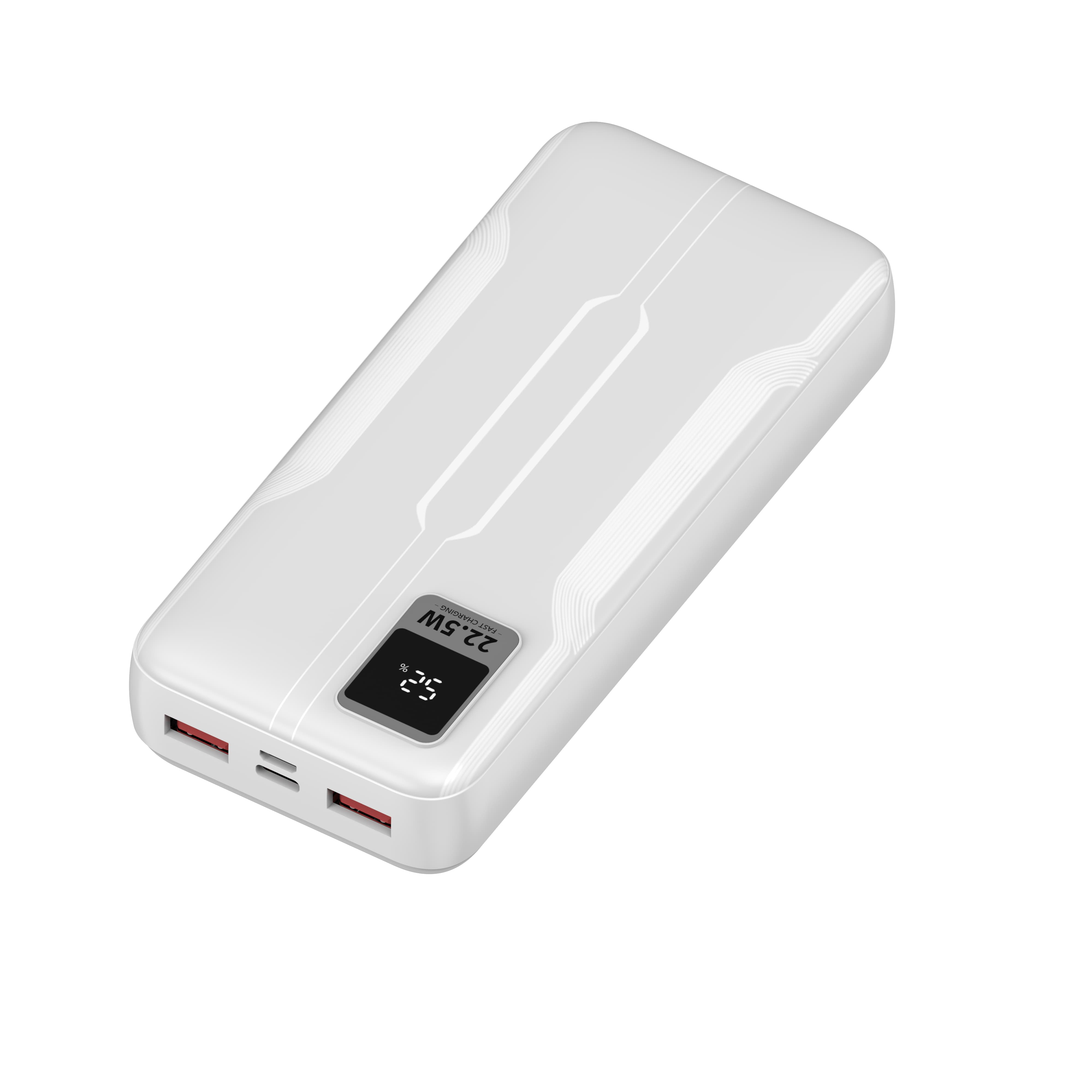 Un banco de energía blanco con una pantalla digital que muestra el 25% de carga. Tiene dos puertos USB y el texto '22.5W Fast Charging'.