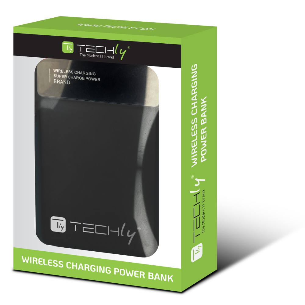 Un power bank di ricarica wireless Techly in una scatola verde. La scatola riporta il marchio e le informazioni sul prodotto.