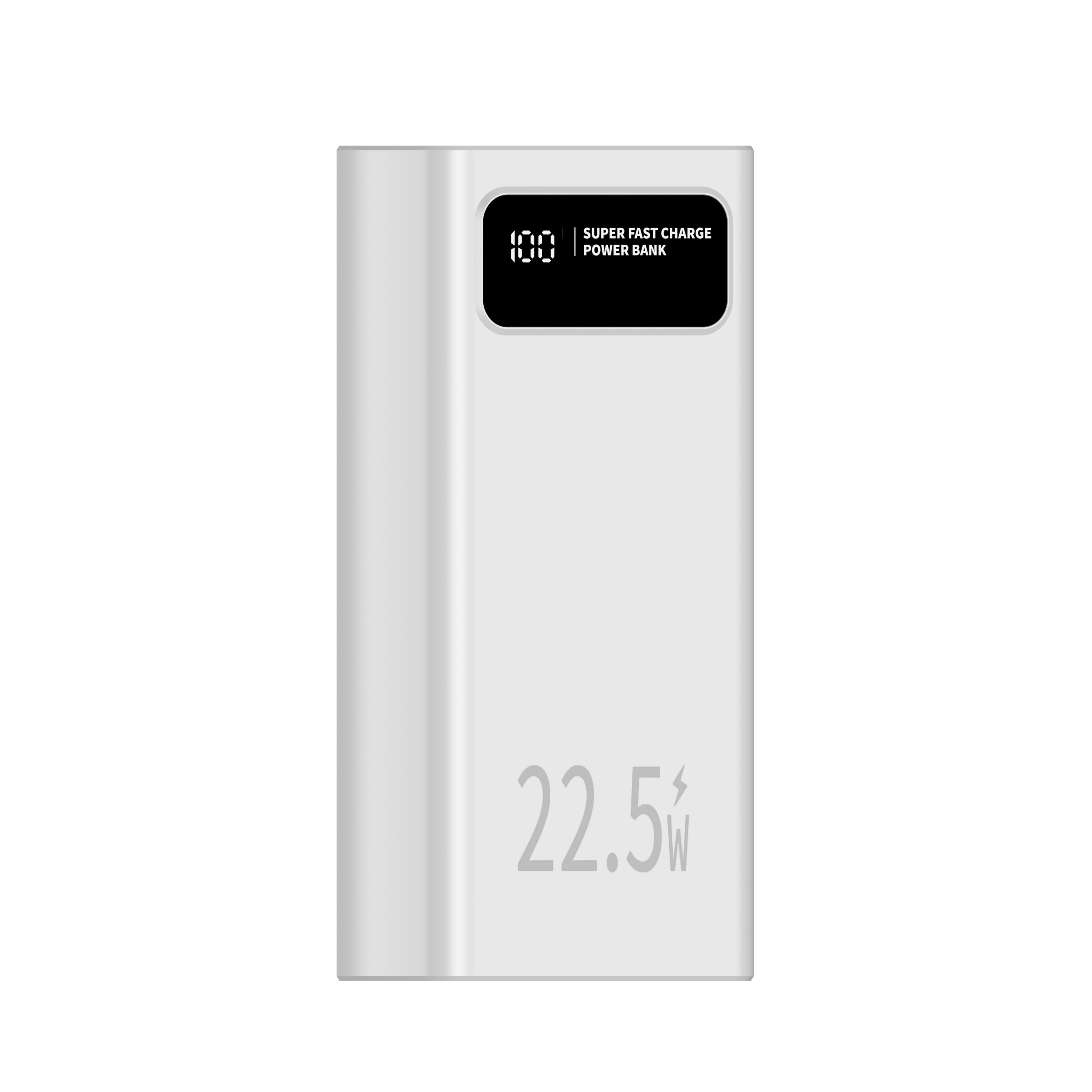 Un power bank bianco con display nero che mostra 100 e "Super Fast Charge Power Bank". Ha 22,5W stampato.