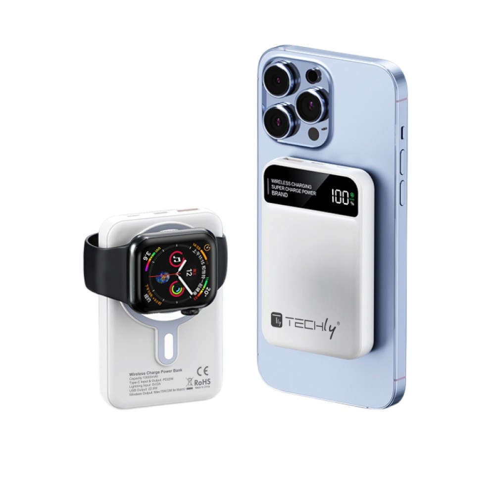 Un telefono e due caricabatterie wireless sono mostrati. Un caricabatterie ha un Apple Watch, e l'altro è attaccato al telefono. Il telefono mostra una fotocamera.